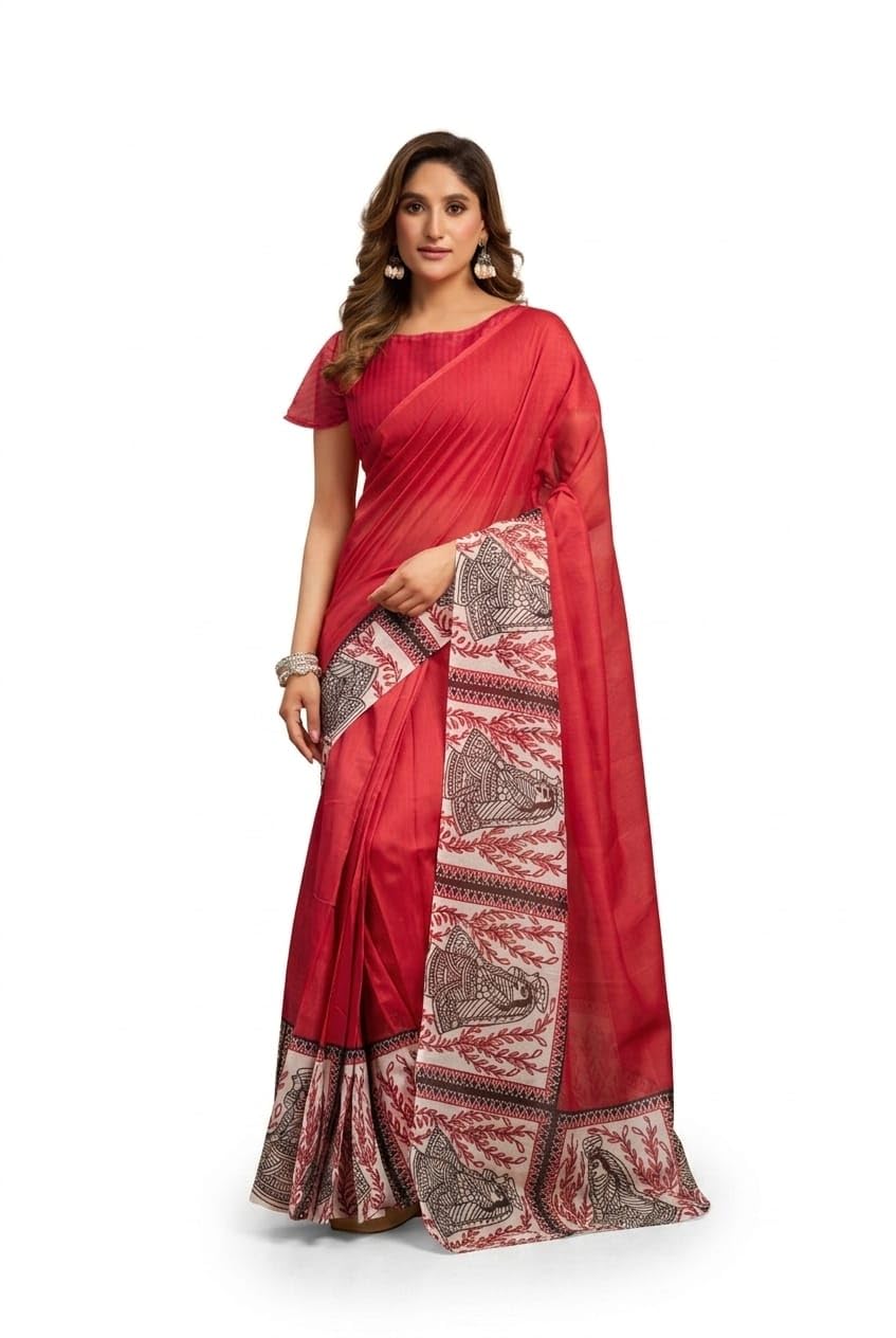 Elegant Crimson Red Cotton Silk Saree with Traditional Folk Art Border-image-21