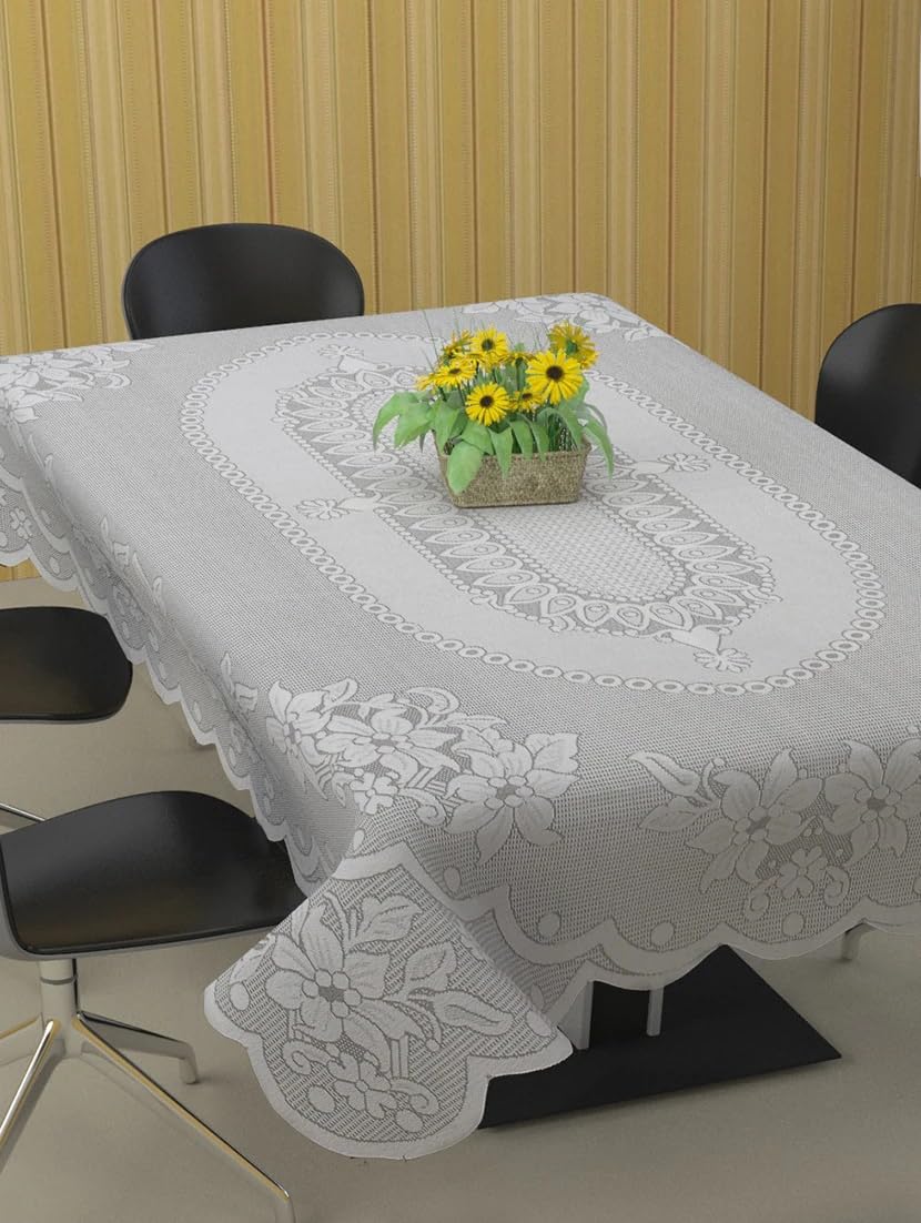 (O.F Attractive Net Cotton Floral Design 2 Seater Center Table Cover (Size-40x60 Inches) Plain Cream