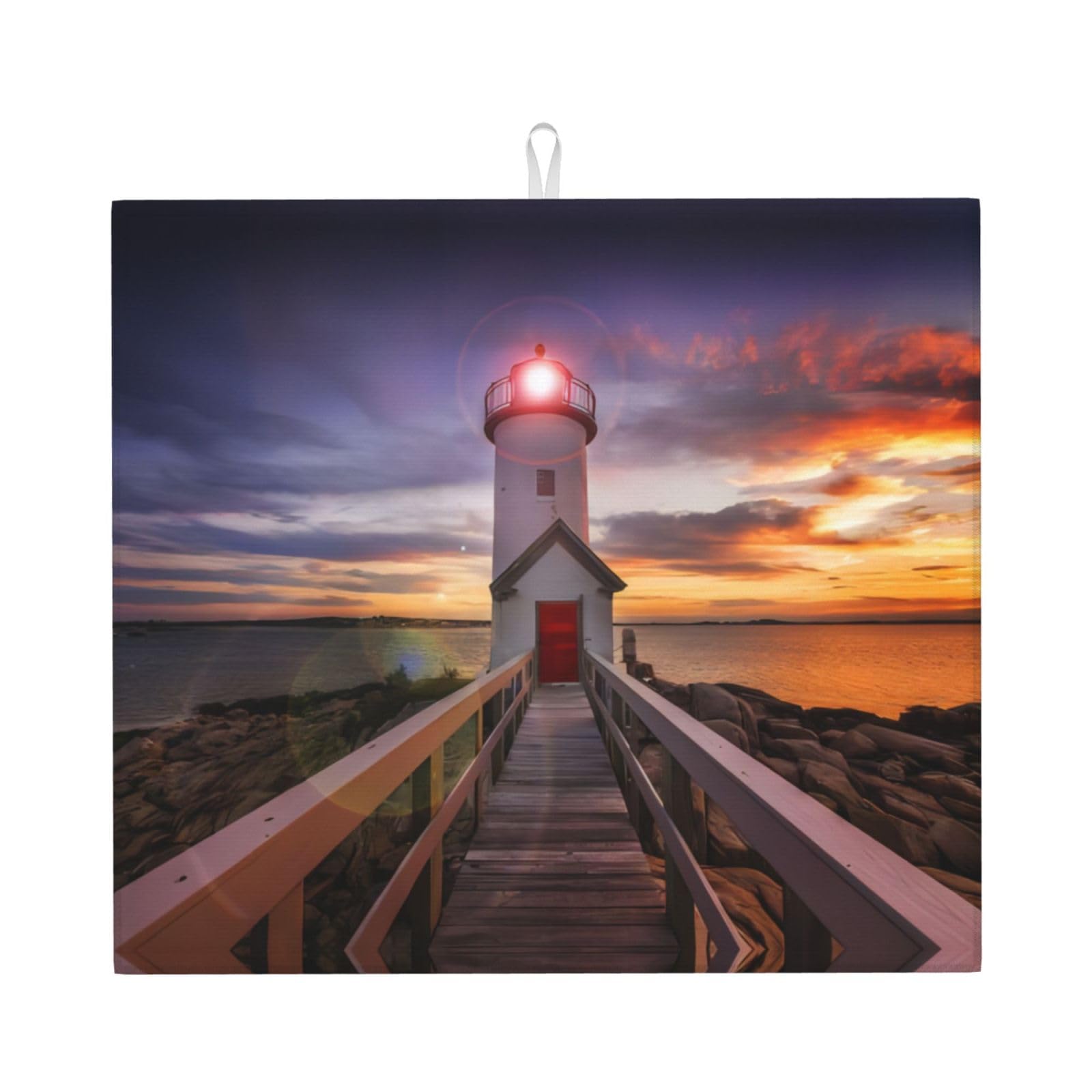 WHJSSF Lighthouse Prints Kitchen Drying Mat - Absorbent Dish Drying Throw with Colorful Prints, Quick-Dry Countertop Layer for Dishes & Appliances - Non-Slip & Foldable