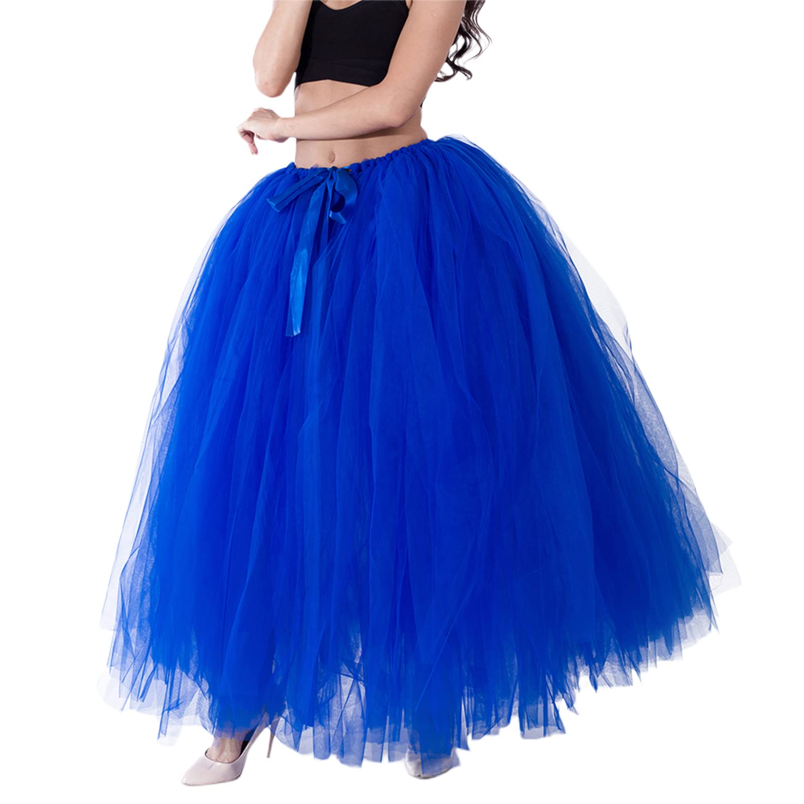 Falda larga tutú de cintura alta con capas de tul maxi faldas hinchadas hasta el suelo, boda, fiesta, con cinturón Bowknot, zafiro, Talla única