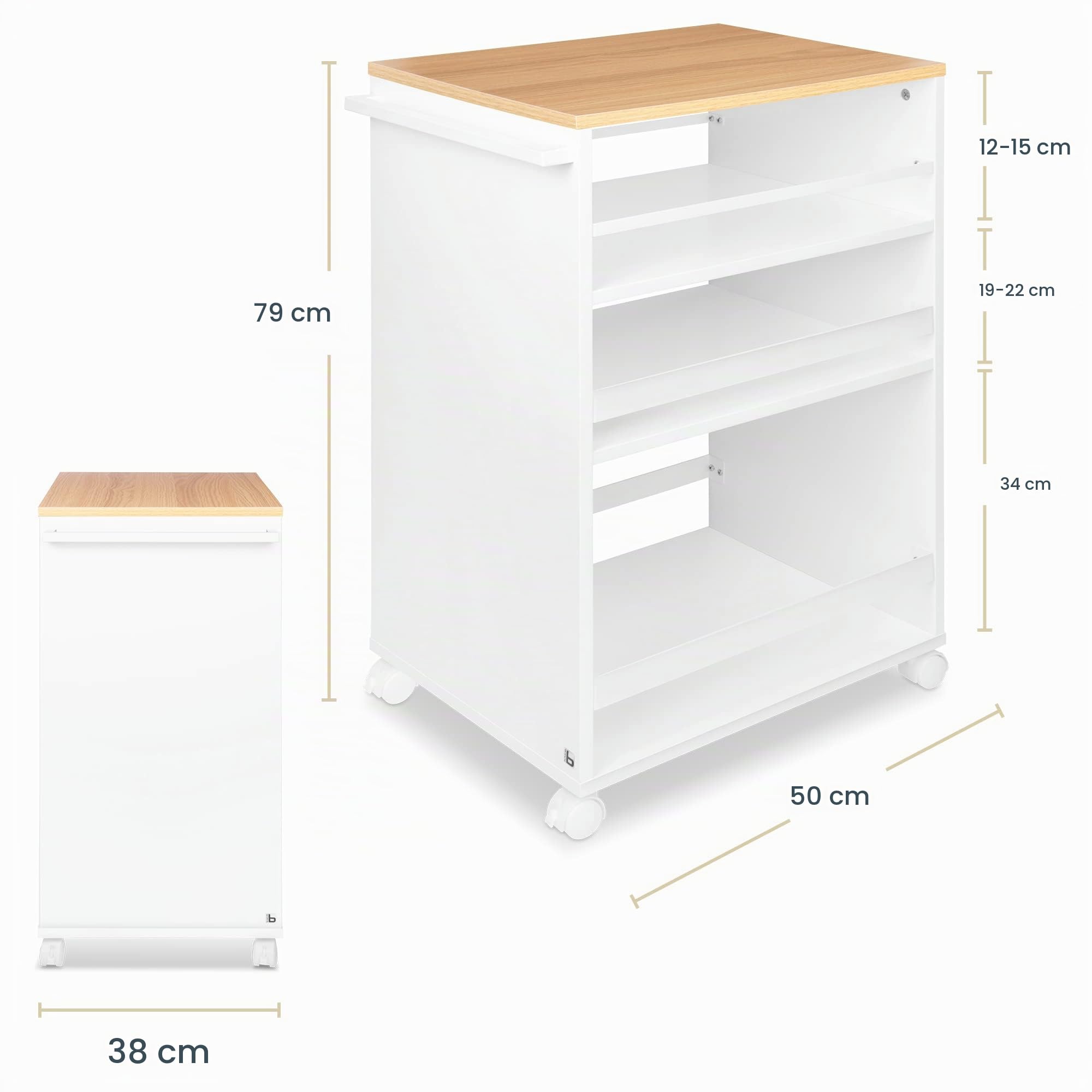 bomoe Carro de Cocina con 4 Ruedas de Servicio 3 Niveles Ajustables Madera | Roble y blanco encimera FSC® de baño de nicho independiente 3 carron carrito mueble auxiliar Bengt