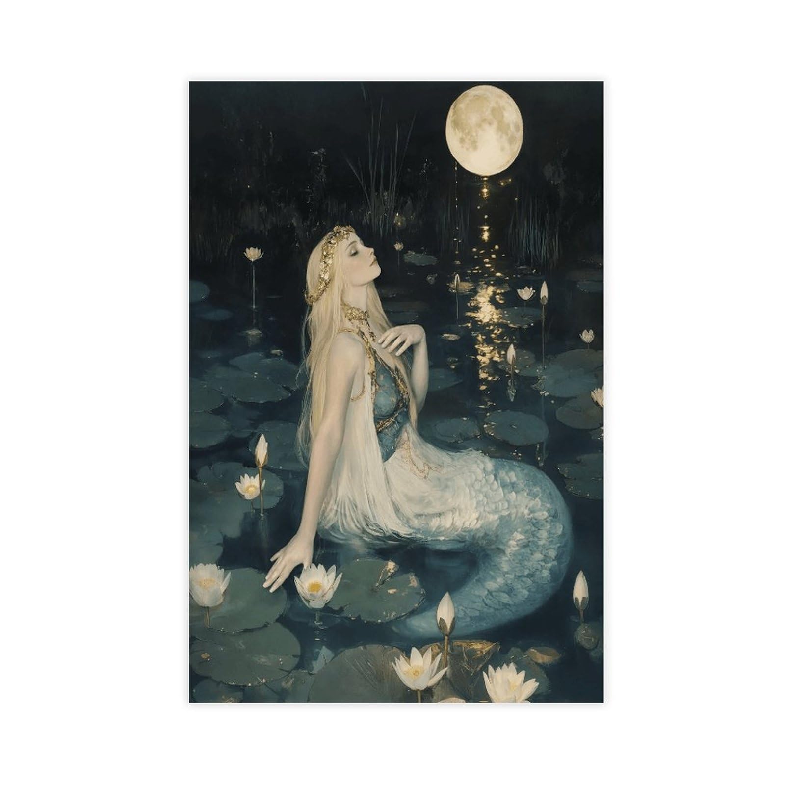 Wjwart Mermaid Giclee Print In Water Lily Pond Canvas Poster Wall Art Print Picture Paintings 12X18inch(30X45cm)