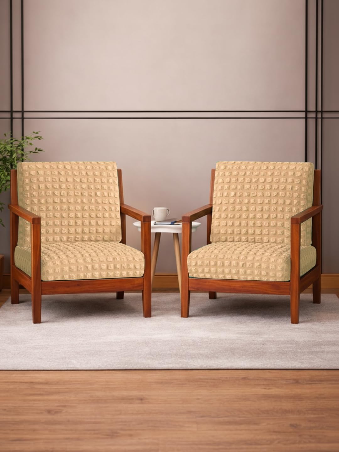 Cortina Soft Bubble Stretchable Solid Sofa Slipcovers | Wooden Sofa Seat & Back Cushion Covers | Elastic Fit, Washable & Dust Protection | Pack of 2 (Beige, One Seater)-image-12