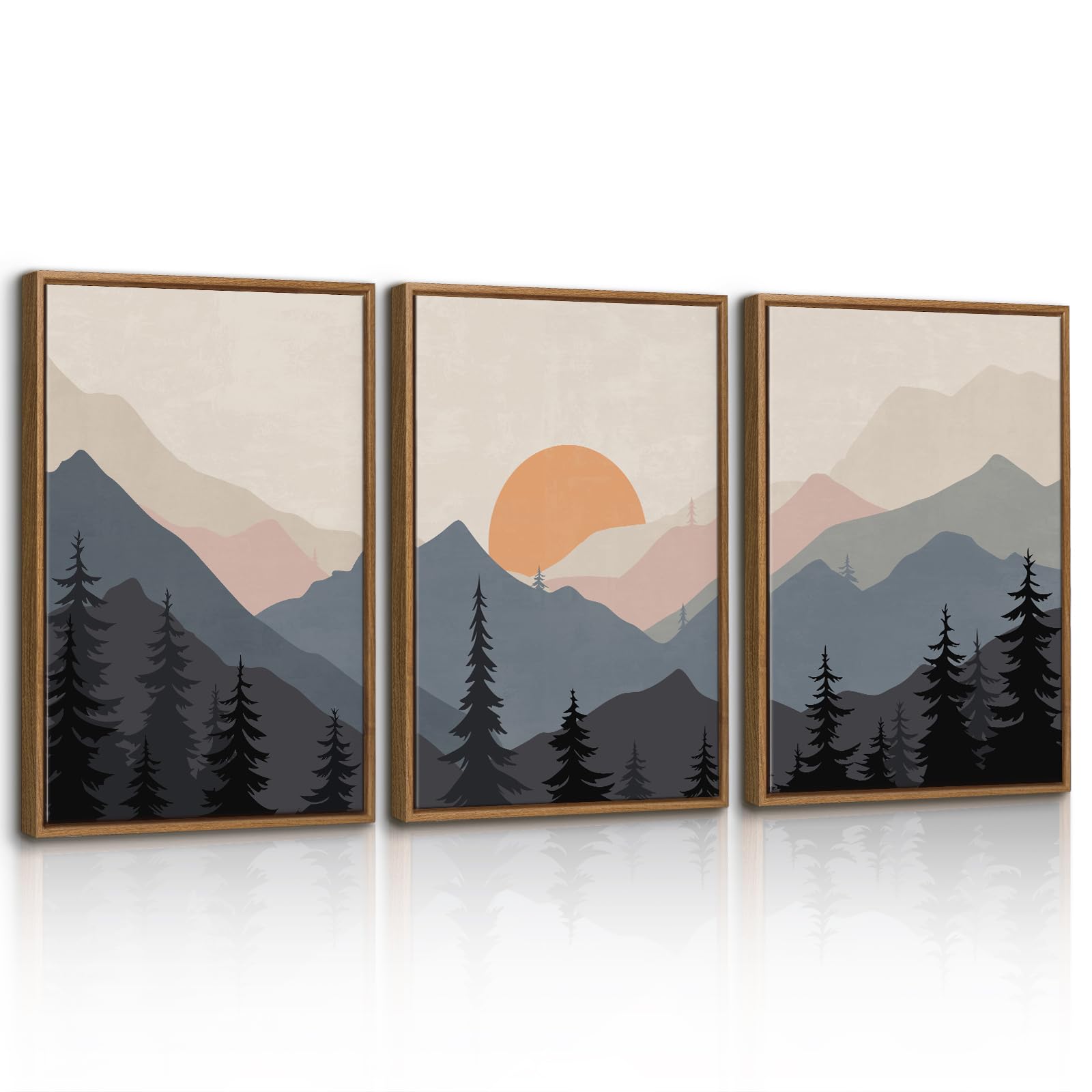WENGTIAO Canvas Wall Art Framed Set of 3, Vintage Watercolor Mountain Landscape Pictures, Abstract Sunset Nature Forest Painting Prints on Canvas for Living Room Bedroom Home Wall Decor 40x60cmx3