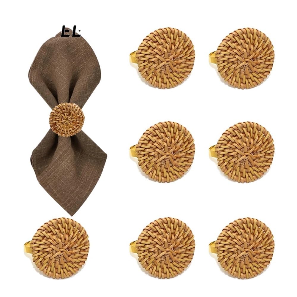 sourcing map 6 portatovaglioli in rattan fatti a mano, portatovaglioli rotondi con erba di gattaiola, decorazione per feste, tavoli da pranzo, riunioni di famiglia, marrone verde (5,1 x 5,1 cm