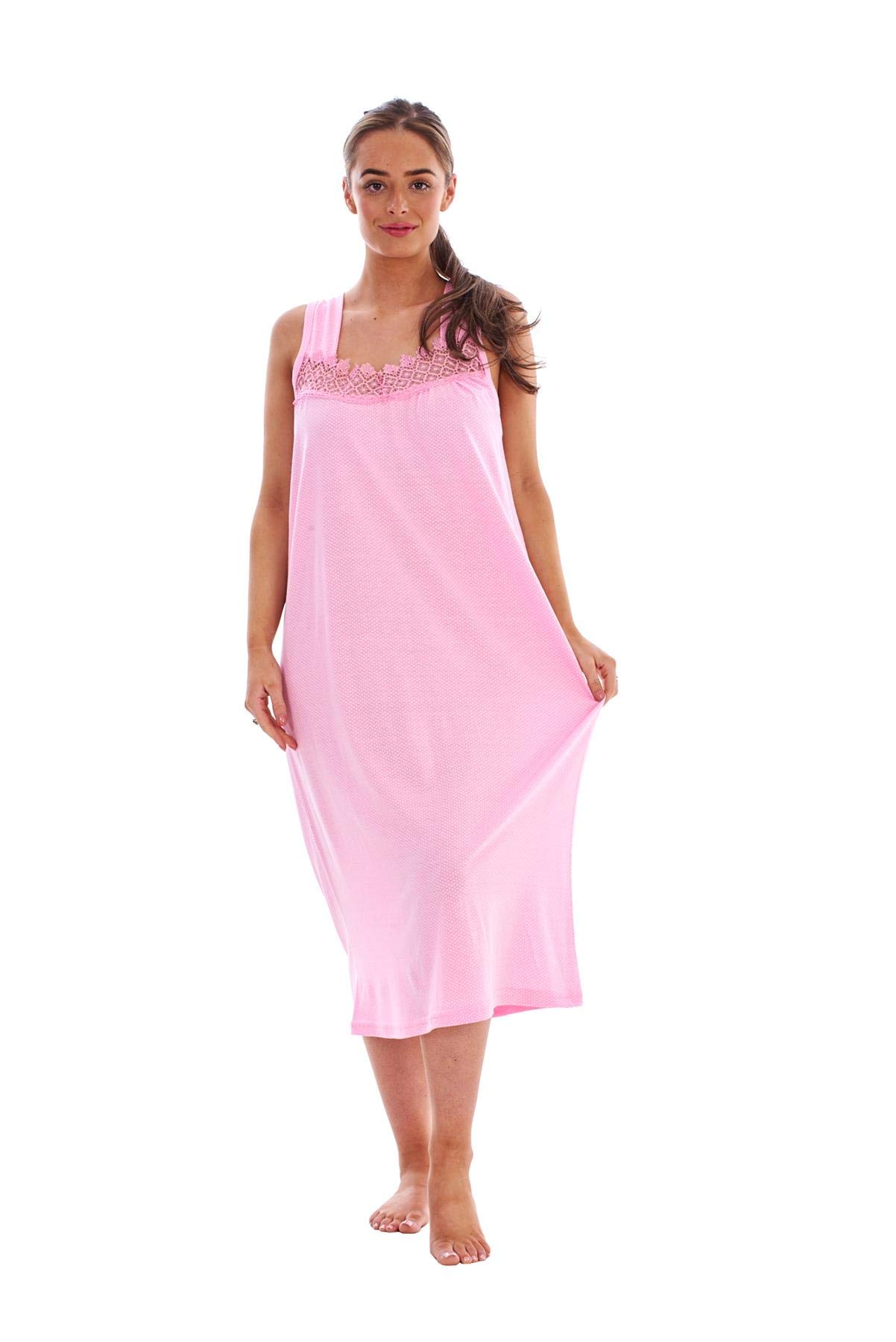 Malay Women Polka Dot Nightdress Wide Strap 100% Cotton V-Neck Lace Long Nightshirts Pink