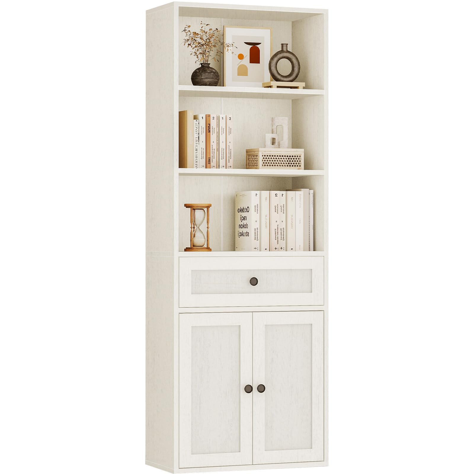 Coleshome Bücherregal mit Türen und Schrank Regal mit 5 Ebenen, Stehendes Etagenregal mit Schubladen zur Aufbewahrung und Präsentation für Zuhause, Büro, Wohnzimmer, Schlafzimmer, Weiß, 48x24x164.2
