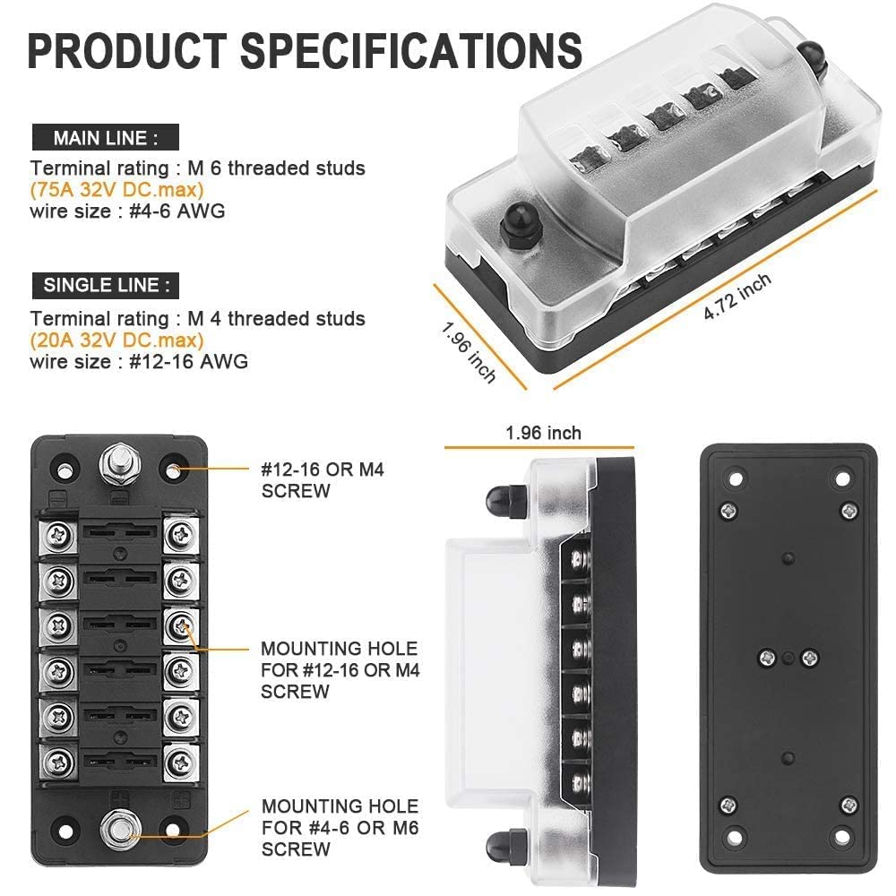 Electop 6 Way Fuse Block Blade Fuse Box and 12V Cigarette Lighter Socket USB Outlet Splitter Bundle for Car Truck Boat Marine RV