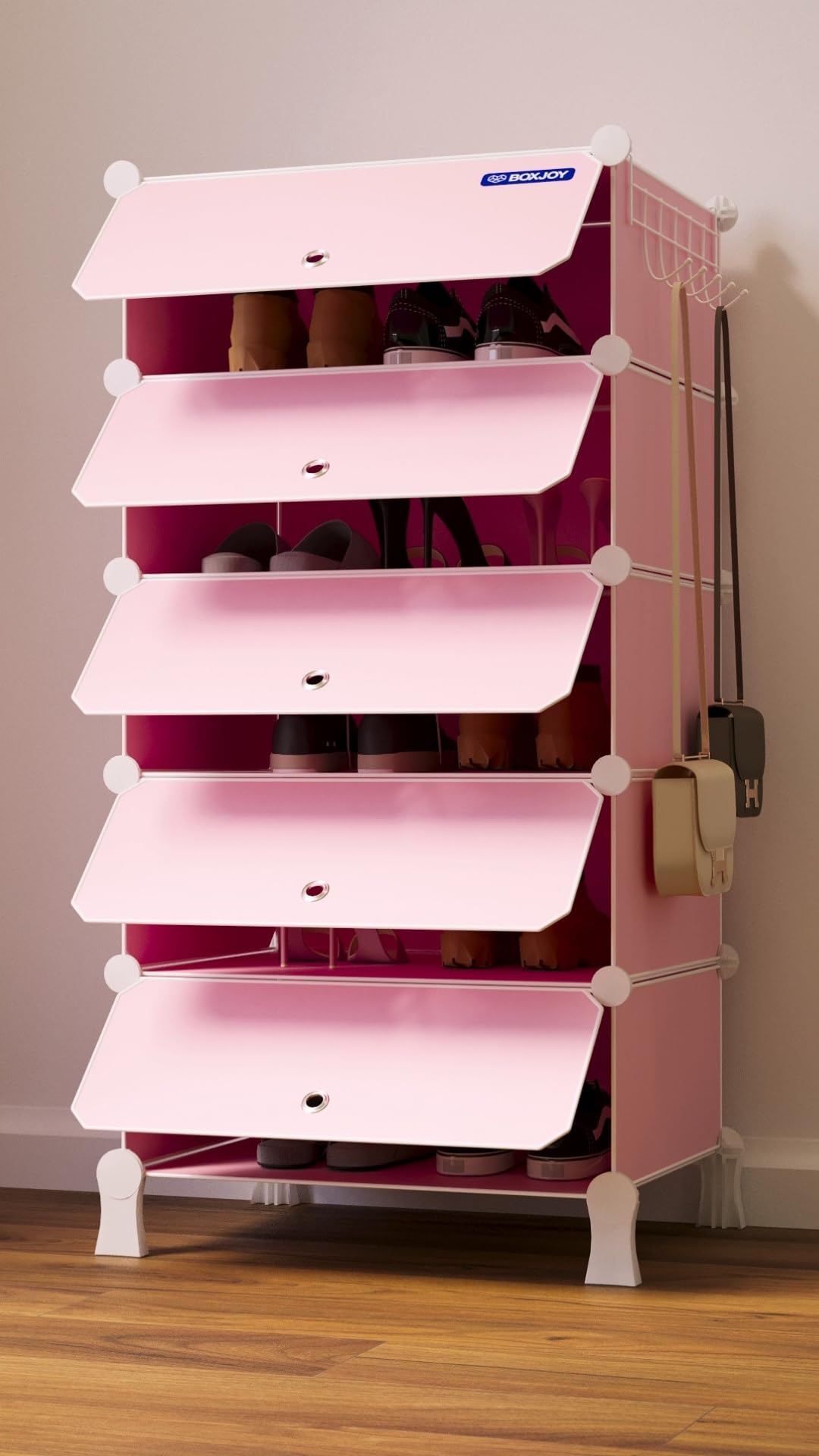 BOXJOY 5 Shelf Shoe Rack with 5 Doors, 5 Hook Steel Holder & Wooden Hammer