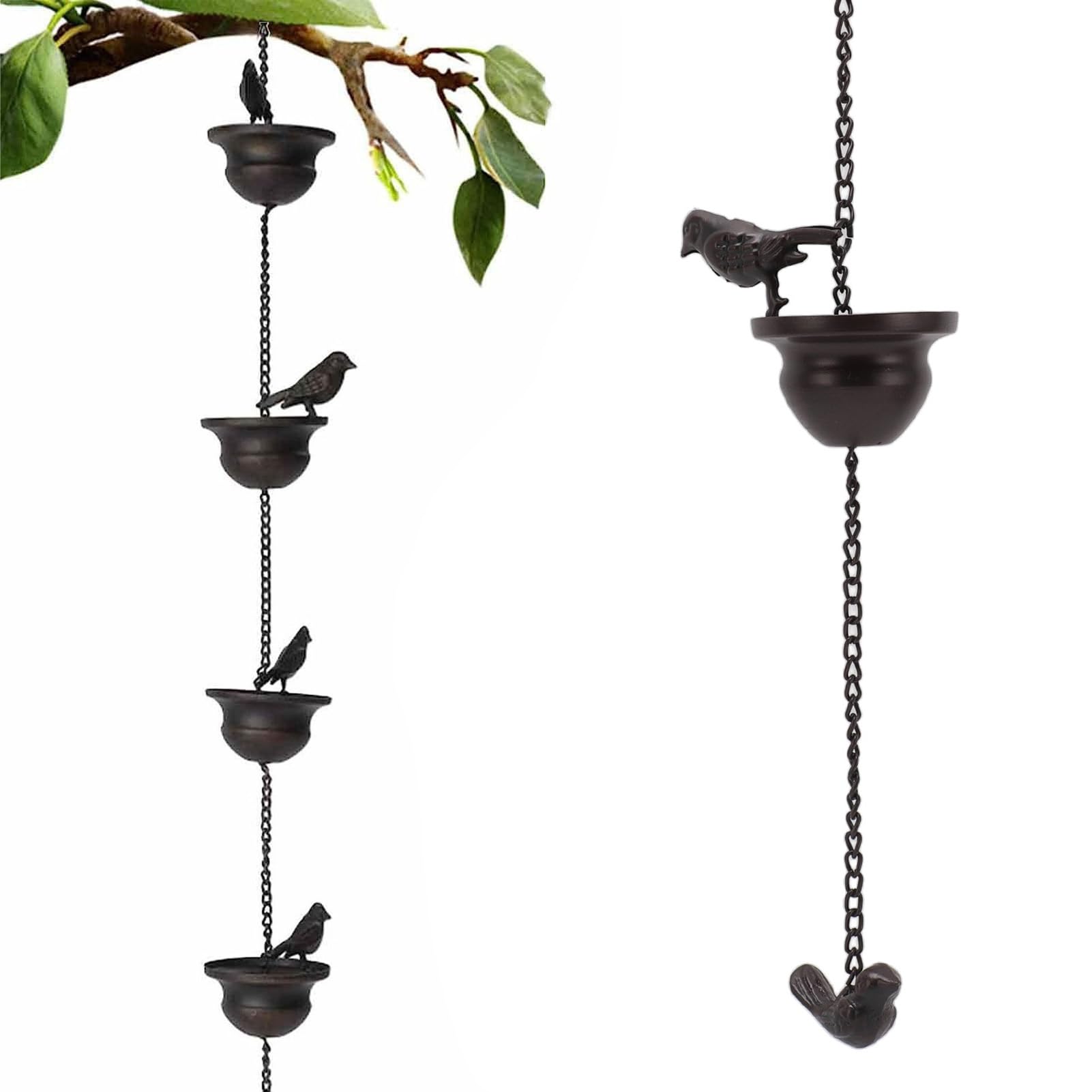 Sorandy 7.9FT Rain Chains, Bird Cup Rain Chain for Gutters, Decorative Replacement Downspout Metal Rainwater Catcher Chain for Outside Garden, Iron Divert Rain Catcher