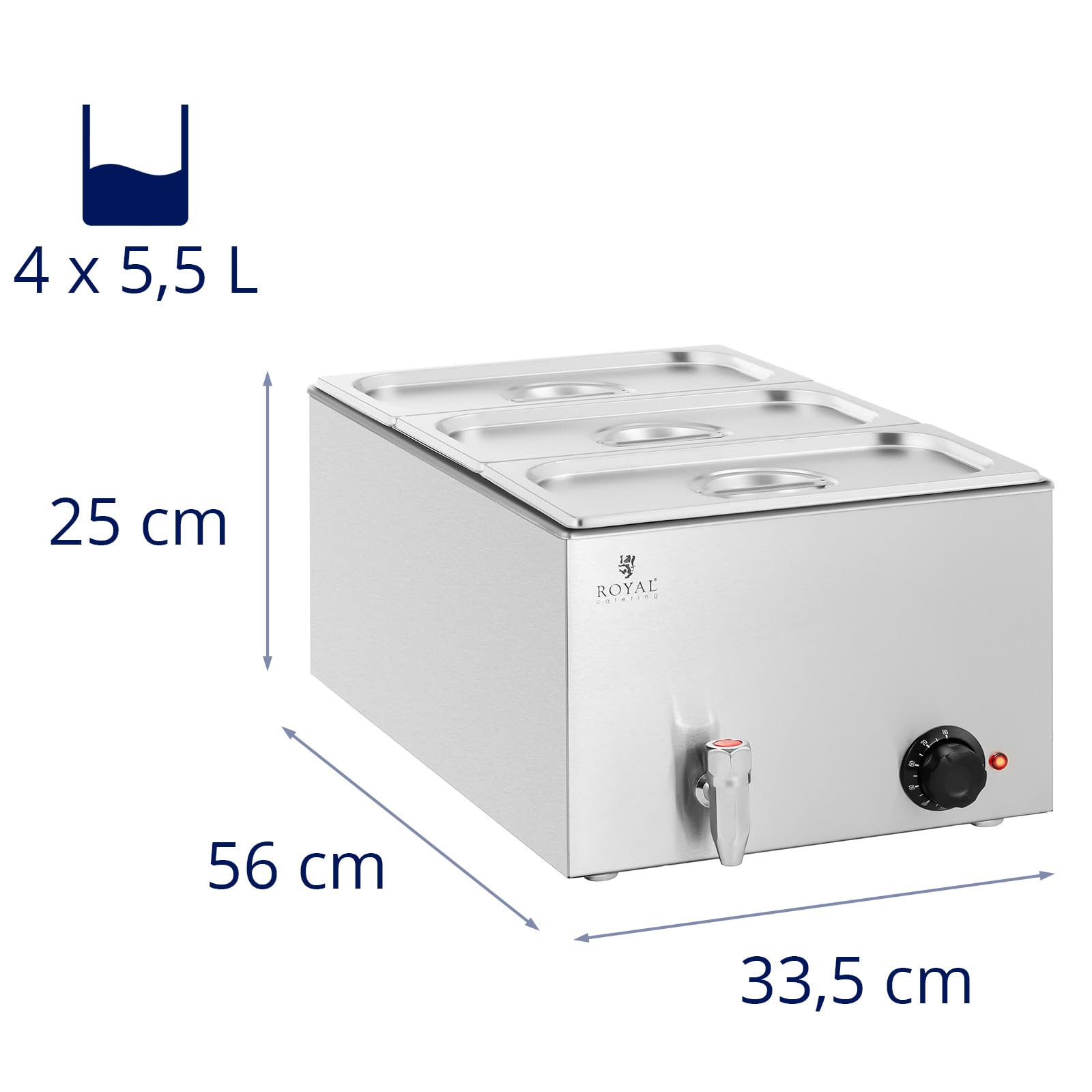 Royal Catering RCBM_GN1/3 Bain Marie 600 W 3 GN 1/3 Robinet de vidange Bain-marie Chauffe-repas