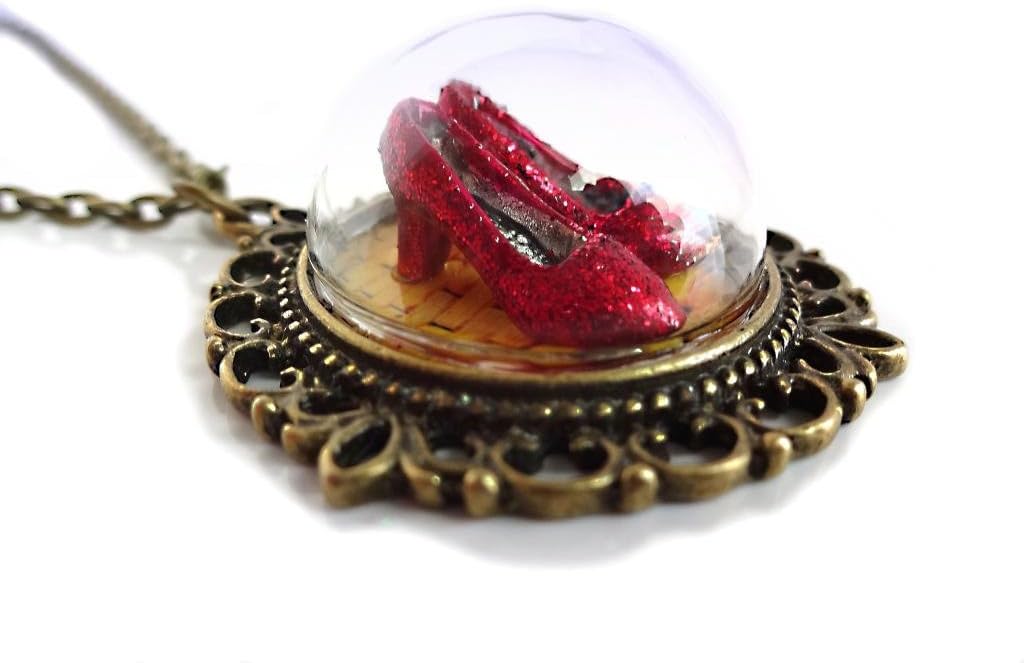 The Wonderful Oz Ruby Red Slippers on the Yellow Brick Road Glass Dome Necklace in Bronze or Silver
