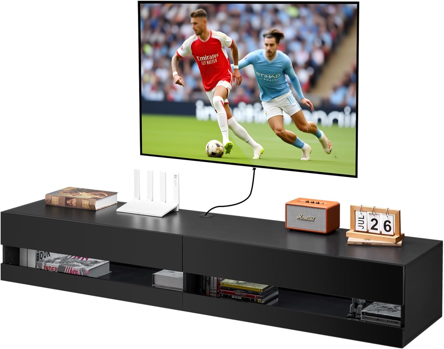 VEVOR Floating TV Stand, 71 in Wall Mount Entertainment Center with Power Outlet & LED Lights, Modern Floating TV Shelf with Semi Door Storage Cabinet for DVD Player, Cable Box, Game Console, Black