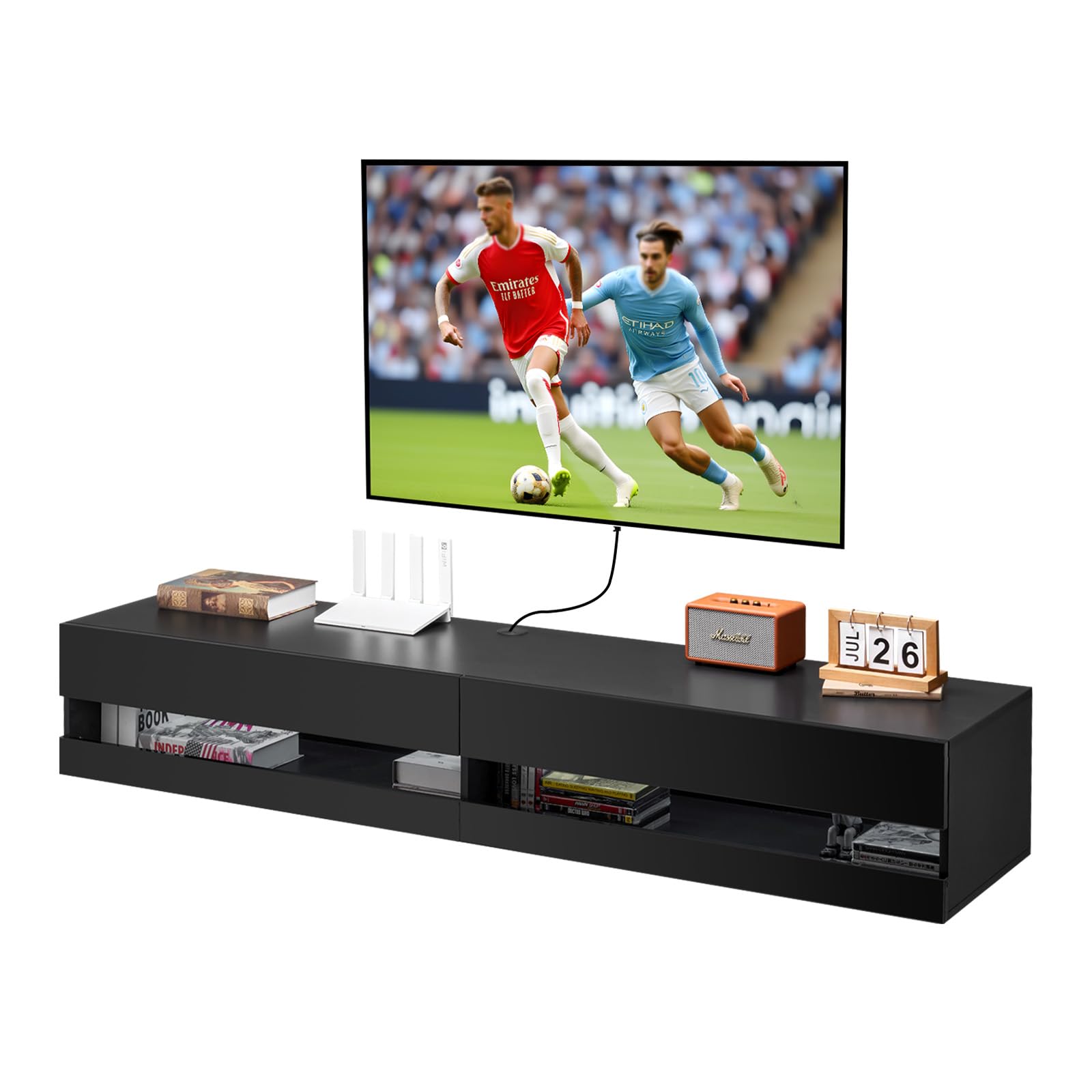 VEVOR Floating TV Stand, 71 in Wall Mount Entertainment Center with Power Outlet & LED Lights, Modern Floating TV Shelf with Semi Door Storage Cabinet