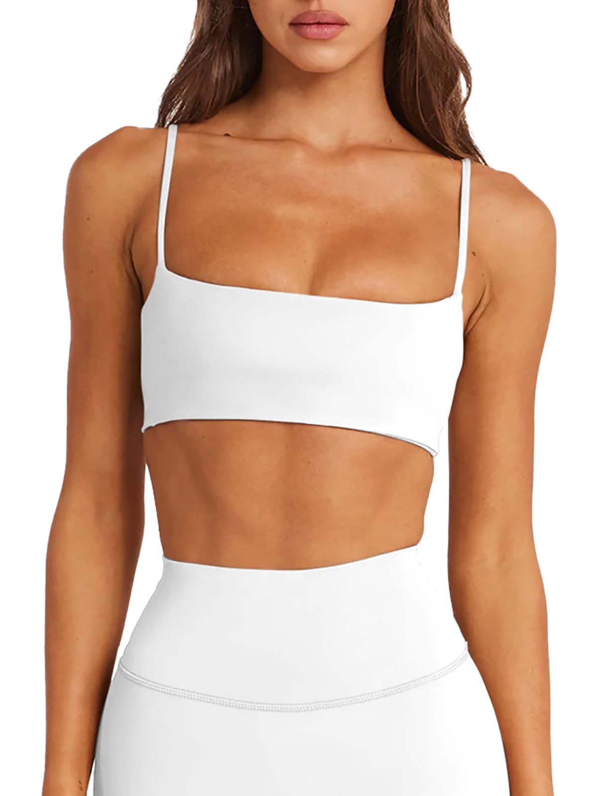 LASLULU Womens Adjustable Spaghetti Straps Sports Bra Square Neck Wireless Padded Workout Yoga Crop Tops