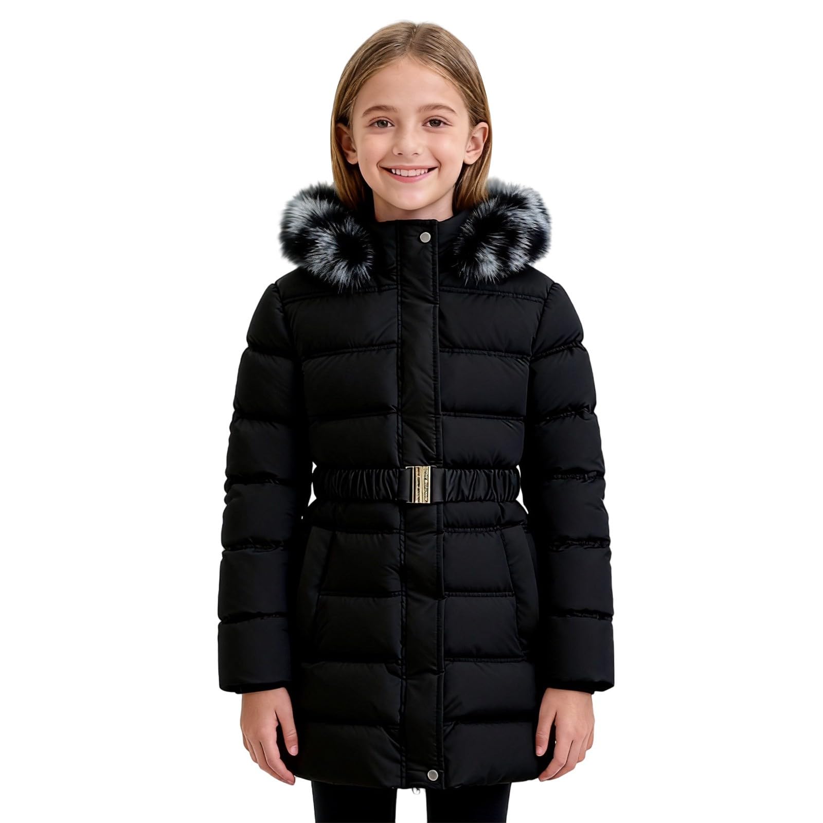 Parka longue pour filles - Manteau d'hiver chaud doublé en polaire avec capuche en fausse fourrure - Coupe-vent - Fermeture éclair - Vêtements d'extérieur rembourrés pour filles