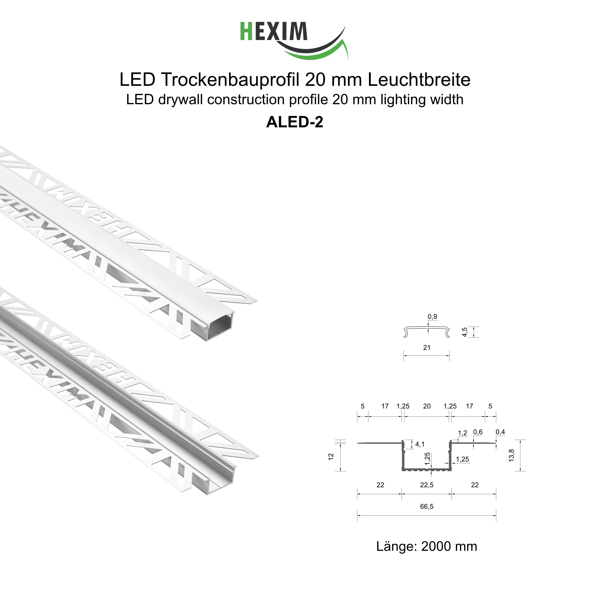 HEXIM Profili in alluminio LED, profili per pareti a secco in alluminio da incasso con copertura opalina, varie larghezze - (10 metri, 20mm larghezza luce)