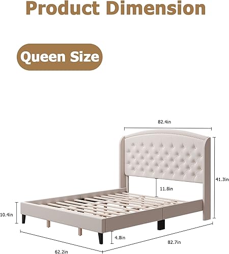 Homhougo Marco de cama tamaño Queen plataforma tapizada con cabecera trasera marco de cama con botones resistente con soporte de listones de madera