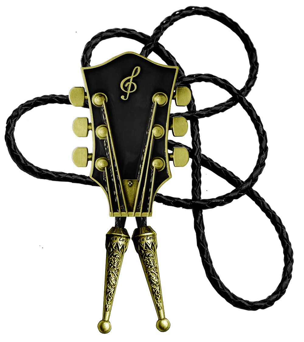 Moranse Bolo Tie With Guitar Music Lover Design Cowboy and Genuine Cowhide Rope, Black 2, Medium