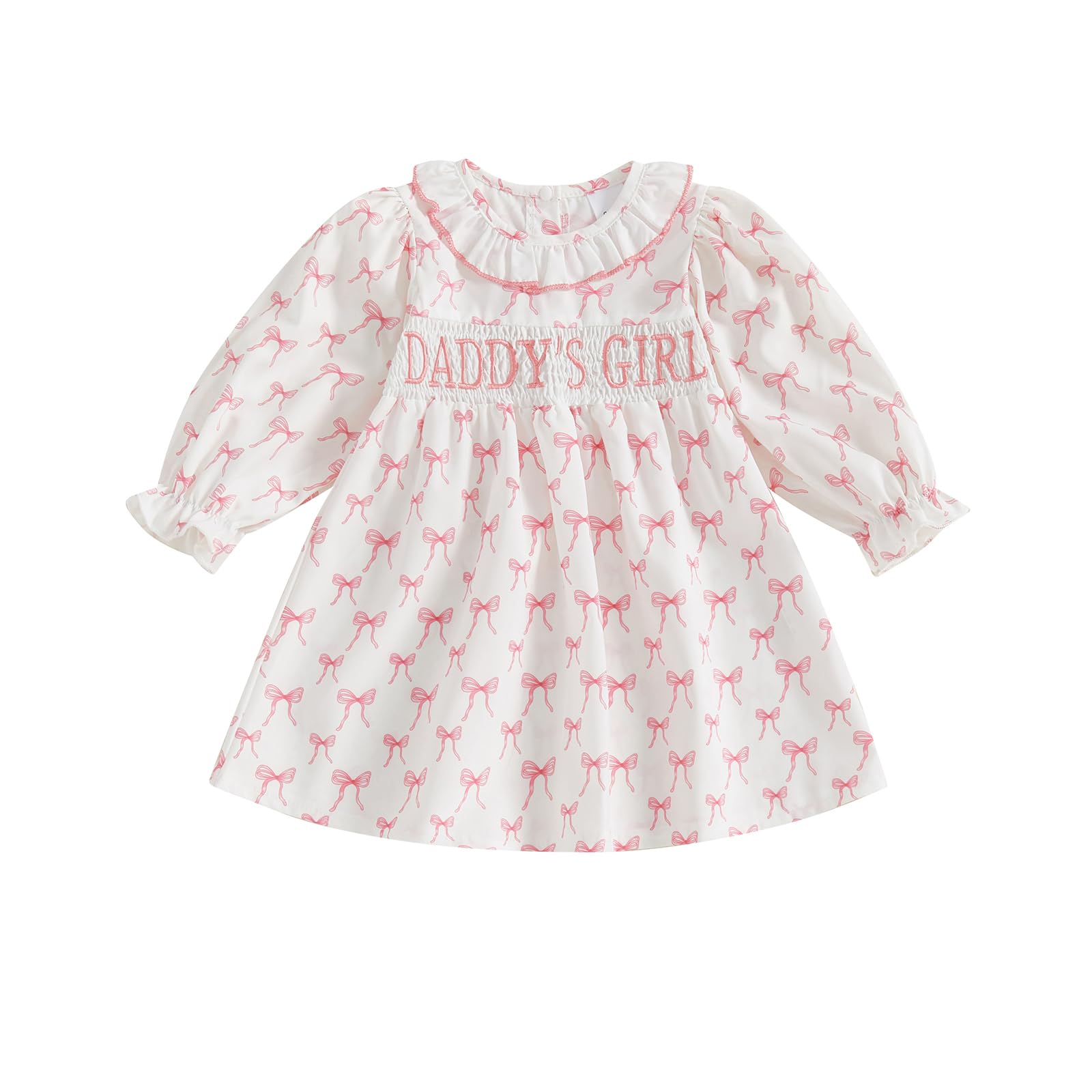 Rourufy Toddler Girl Summer Dress Daddys Mamas Girl Clothes Infant Long Sleeve Bow Princess Smocked Dresses Fall Clothes (A Daddy's Girl White, 18-24 Months)