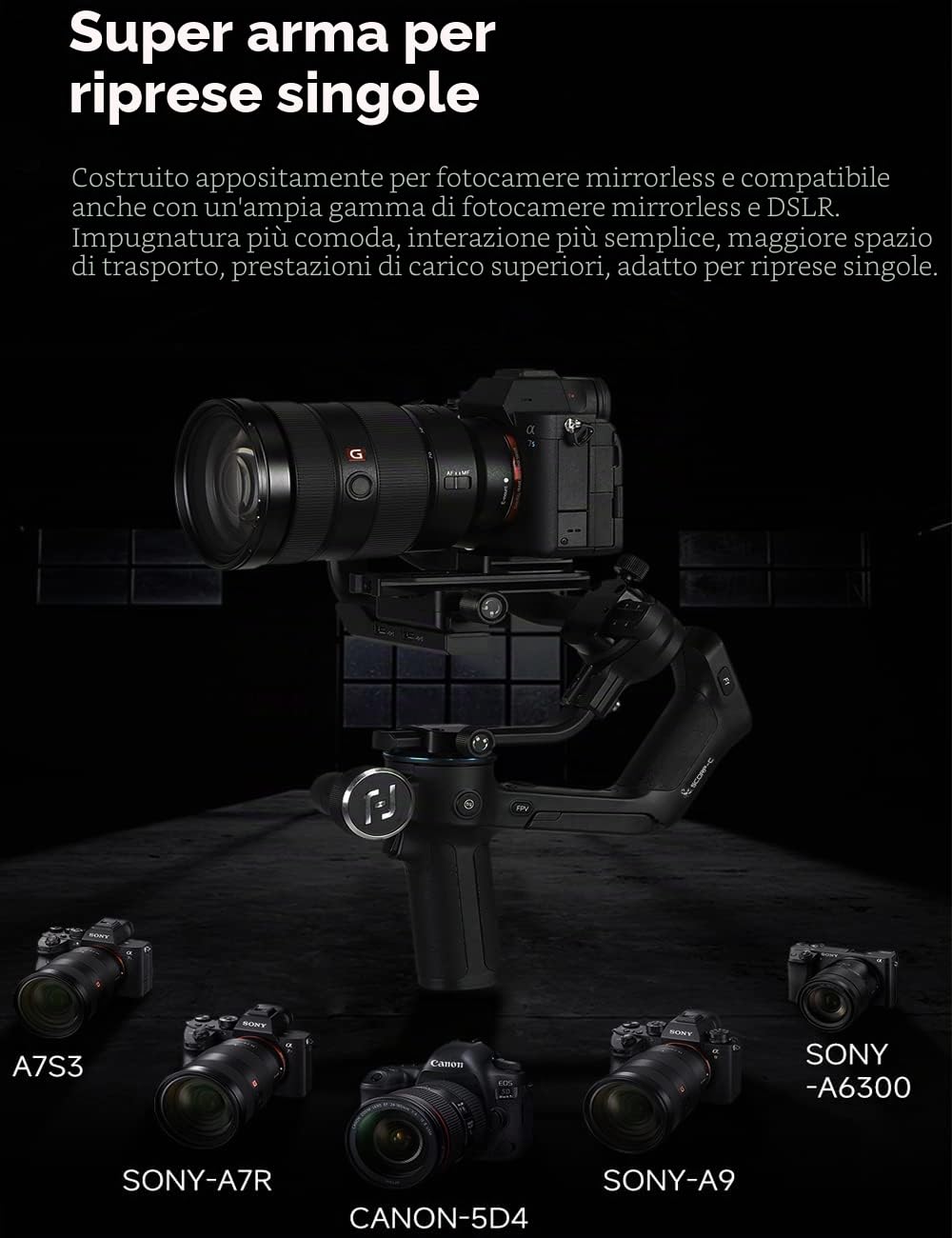 FeiyuTech Scorp-C Stabilizzatore Gimbal per Fotocamera DSLR, per Fotocamera Reflex, Compatibile con Sony Canon Panasonic Lumix Nikon Fujifilm, Impugnatura Underslung, Carico Utile 5,51LB