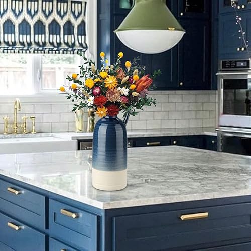 Miniatura 4 de Jarrón de cerámica azul de 12.5 pulgadas para decoración del hogar, florero decorativo grande, florero bohemio de cerámica para flores, florero