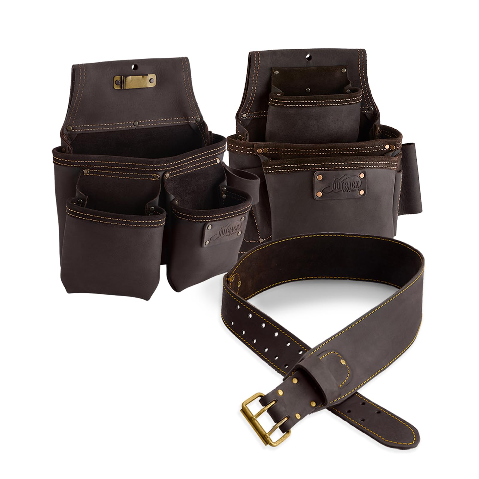 OX Tools Bundle Oil Tanned Leather Fastener Bag Heavy-Duty Tool Belt and Framers Tool Pouch with 7 Pockets