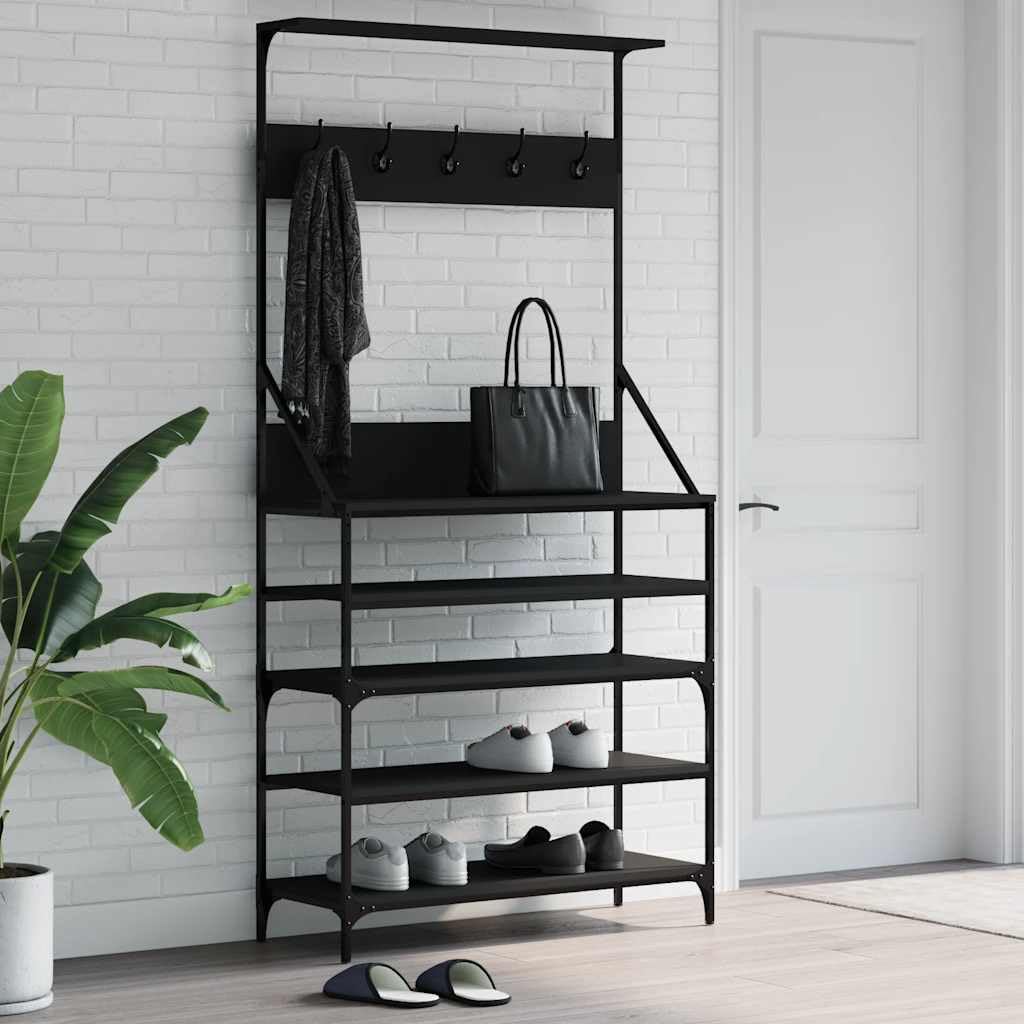 Kleiderständer Garderobe mit Schuhablage Schwarz 90x34x184 cm freistehend aus Holzwerkstoff und Metall platzsparend mit Haken und Rollen für Flur Schlafzimmer Ankleidezimmer