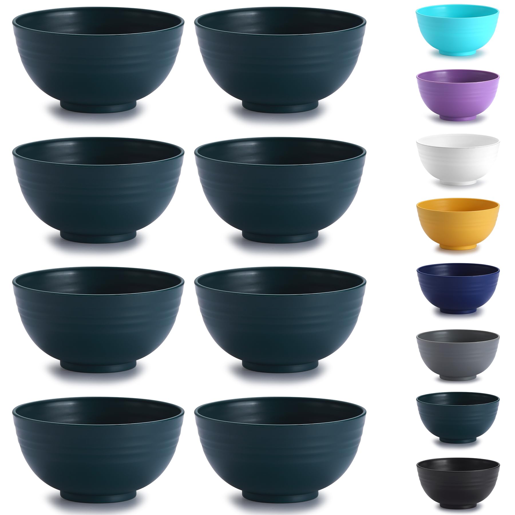 Kyraton Plastic Cereal Bowls 8 Pieces, Unbreakable and Reusable Light Weight Bowl for Rice Noodle Soup Snack Salad Fruit, Dishwasher Safe