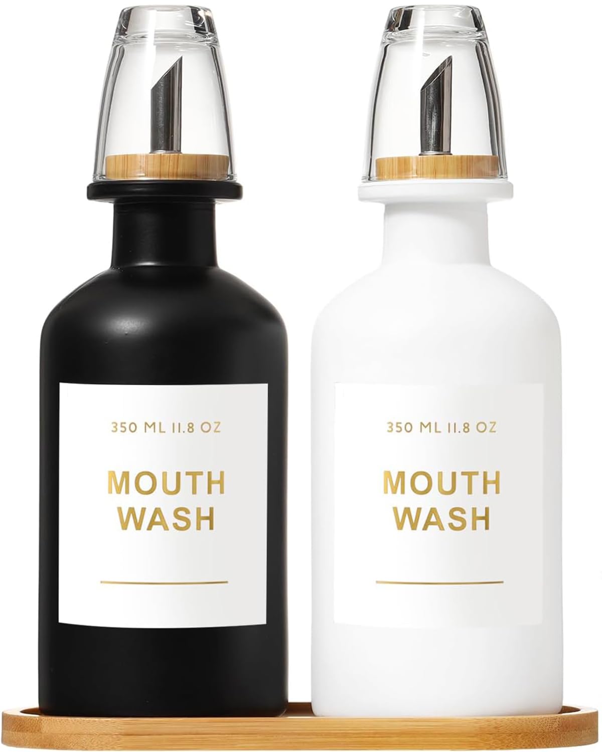 BONLONG 11.8OZ Mouthwash Dispenser for Bathroom with Bamboo & Stainless Steel Pour Spout, Mouthwash Cups Reusable, Bamboo Tray, and Elegant Gold Label. Set of 2（Black/White