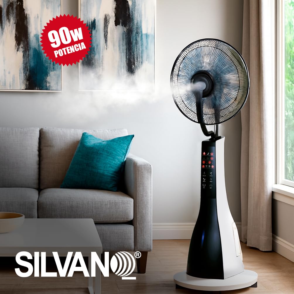 SILVANO Ventilador Nebulizador de Pie 90W con Mando a Distancia | Ventilador con Agua y Pulverizador | 3 Velocidades, Temporizador y Oscilación | Silencioso | Depósito 2,8–3L (MistFlow Pro)