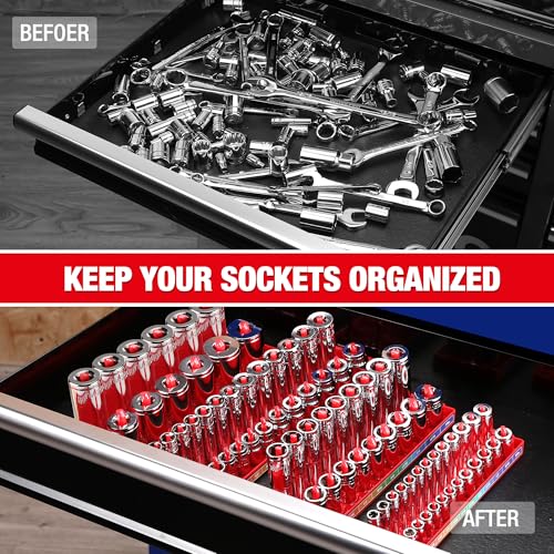 Image of WORKPRO Socket Organizer Set, 4PC 1 /4 inch 3 /8 inch 1 /2 inch Drive SAE Socket Holder | Fits Impact Sockets, Holds 82 Pieces Sockets, Large Capacity, Clear Size Identification, Socket not Included