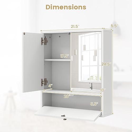 Miniatura 3 de Tangkula Armario con espejo de baño, botiquín montado en la pared con puertas de espejo y estante ajustable, gabinete de almacenamiento de baño con