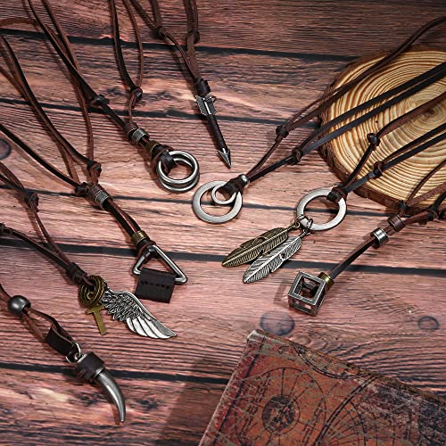 FASACCO 8 Pcs Leather Necklace for Men Women Brown Black Leather Cord Necklace Tribal Arrow Wolf Tooth Feather Pendant Statement Necklace for Men Women2