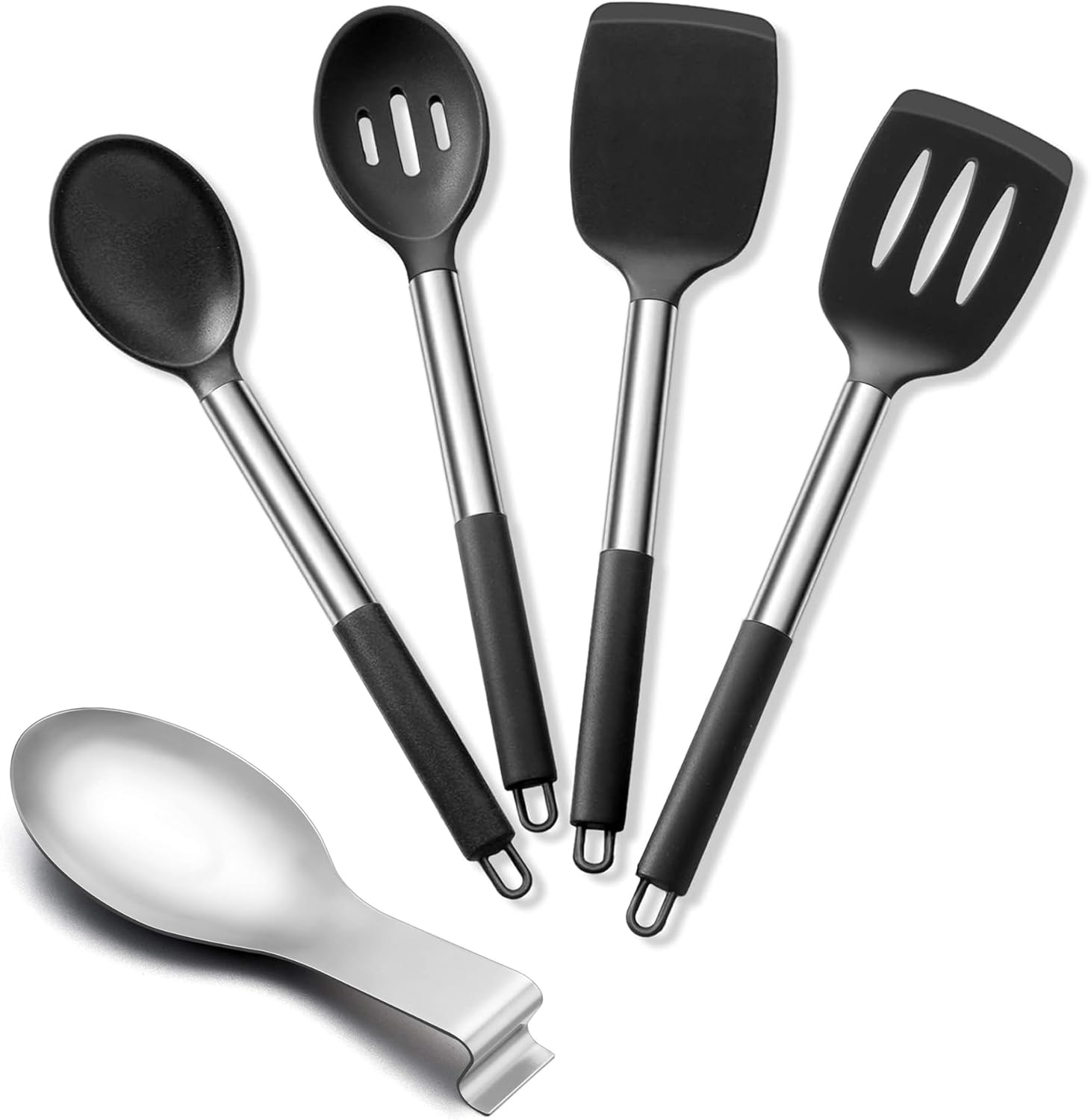 E-far Silicone Cooking Utensils Set of 4 with Stainless Steel Spoon Rest, Kitchen Utensils for Non-stick Cookware, Spoon Ladle Holder Spatula Rest for Kitchen Stove Top