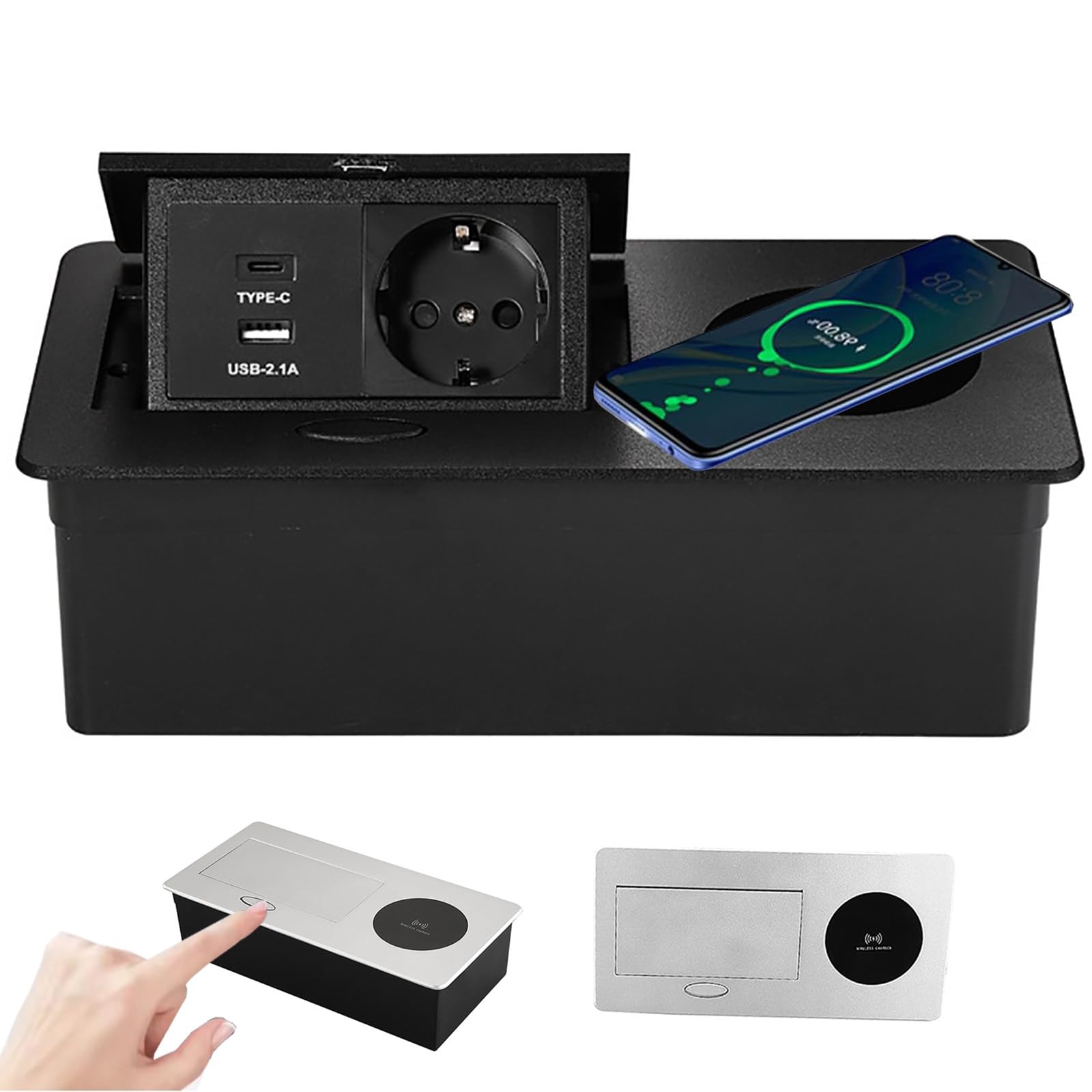 Gniazdo Na Biurko, Listwa ZasilająCa Z Wbudowanym Gniazdem, Z łAdowaniem Bezprzewodowym 15 W + Gniazdo + Interfejs Usb + Typu C, Do BlatóW, PodłóG, Kuchni, Biurek C