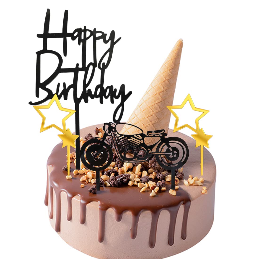 Decorazione Torta Moto In Acrilico - Topper Compleanno Con Stelle E Striscione Oro Per Appassionati - Foto 4