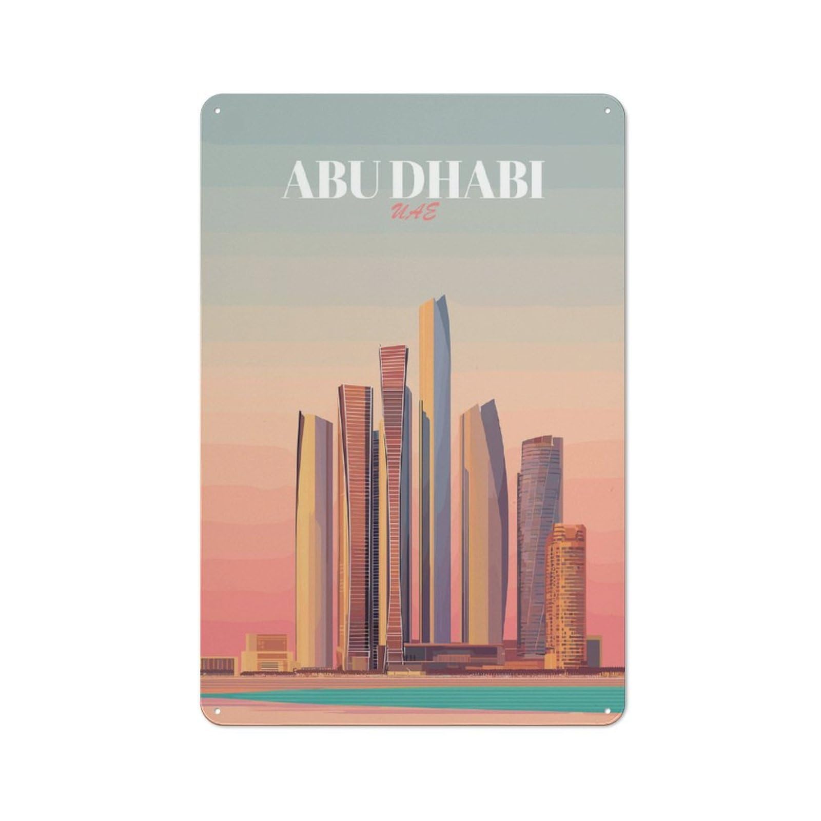 Junmoney Style-18 Abu Dhabi Skyline Vector Illustration Vintage Metal Wall Decor 30X20cm, Garden Room Metal Sign For Patio Bar, Workshop, Shed Or Kitchen