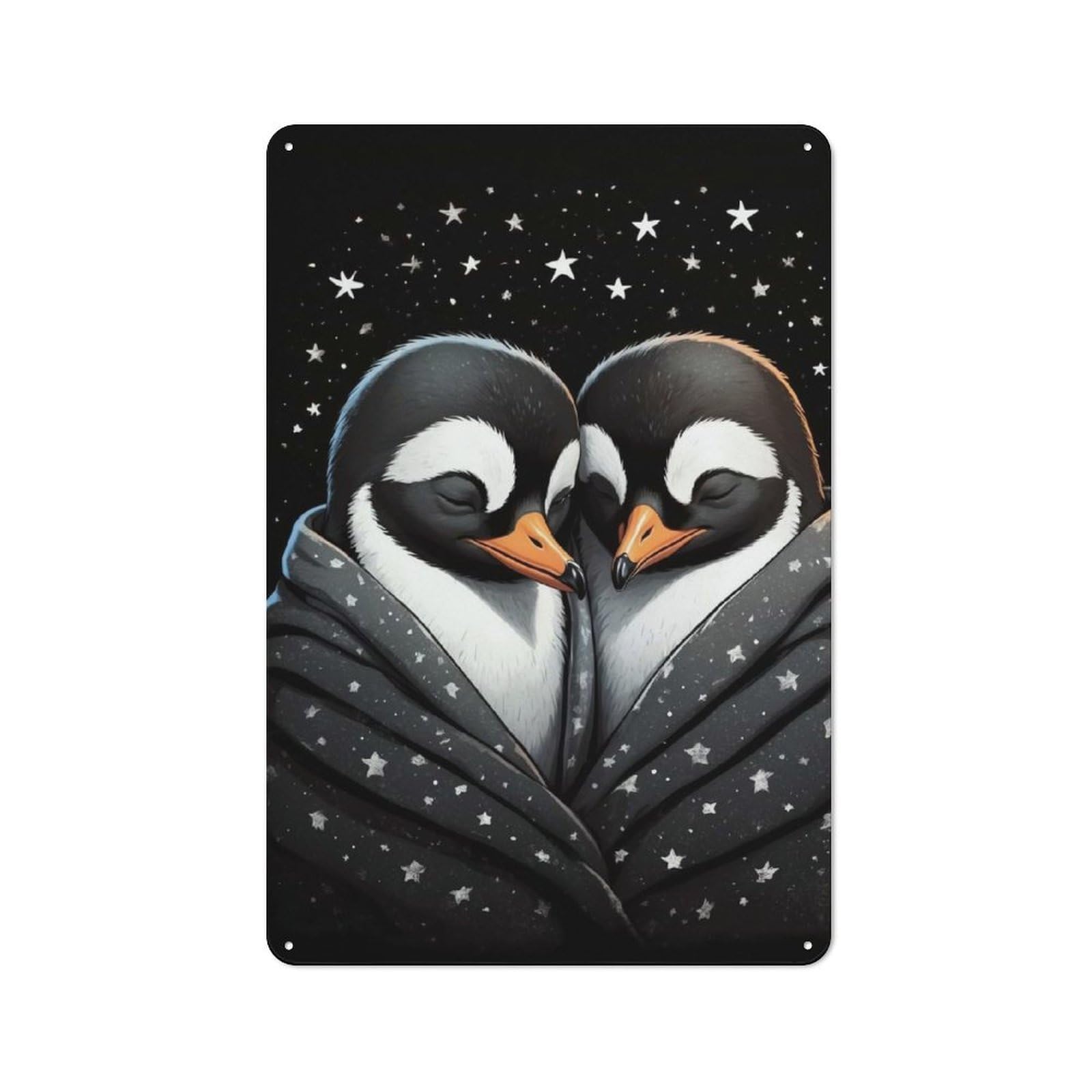 Country Country Metal Sign 30x20cm Featuring Penguin Pair Wrapped in Starry Blanket, Rustic Kitchen Decor for Cottage, Kitchen, Hallway Or Breakfast Nook