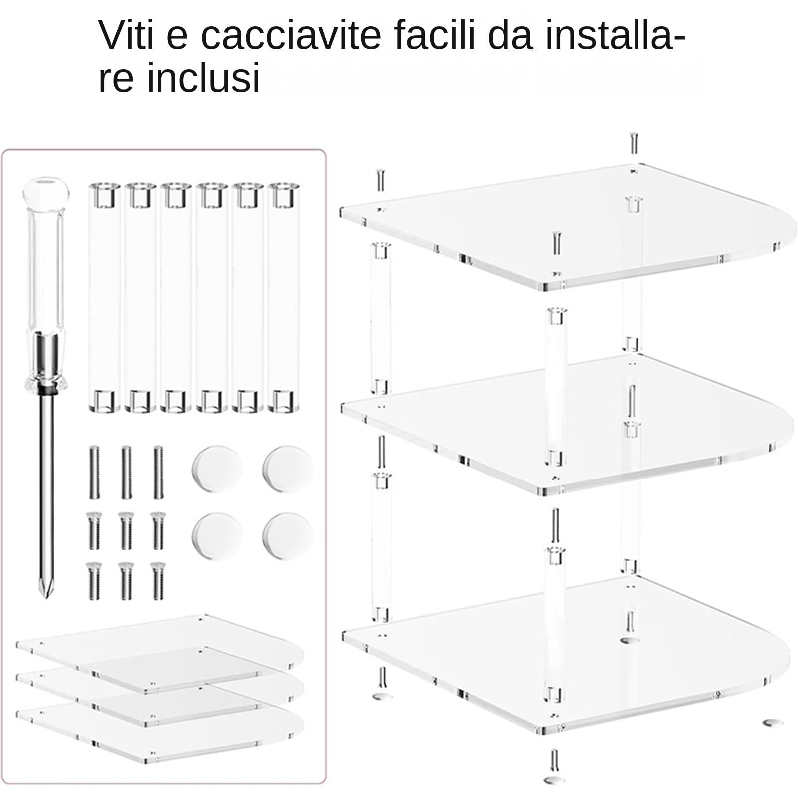 Espositore a 3 ripiani in acrilico, angolo moderno per articoli da toeletta e strumenti, soluzione versatile per riporre oggetti, scaffale multiuso per casa e ufficio