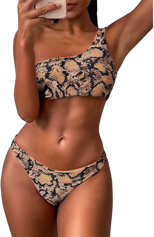 ZAFUL Bikini Snakeskin One Shoulder Reversible Bathing Suit Padded Lace Up 2 Piece Swimsuits for Women Mango Orange M