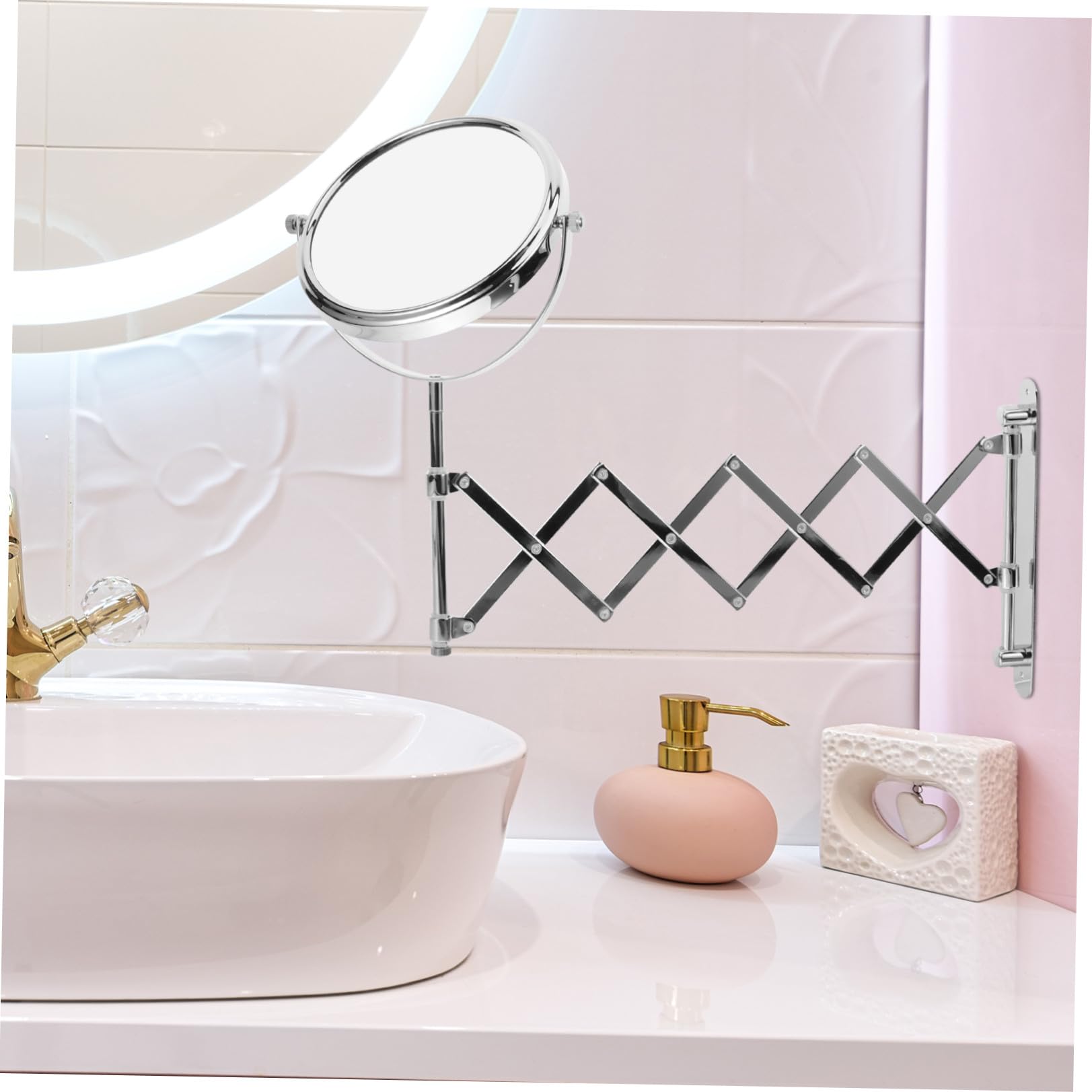 Specchio da Bagno da Parete in Metallo Argento, Specchio Cosmetico Rotondo Estensibile a Doppia Faccia Ingrandimento 3x, Rotazione 360 Gradi per Trucco e Rasatura