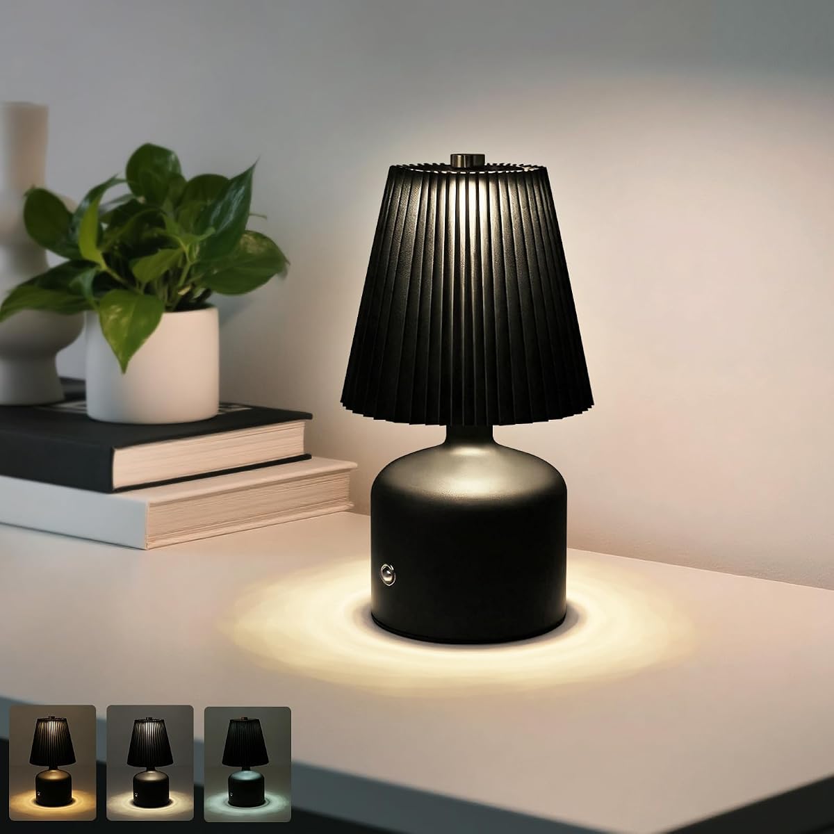 UMLAEN Small Cordless Table Lamp Rechargeable Desk Lamp 3 Color Stepless