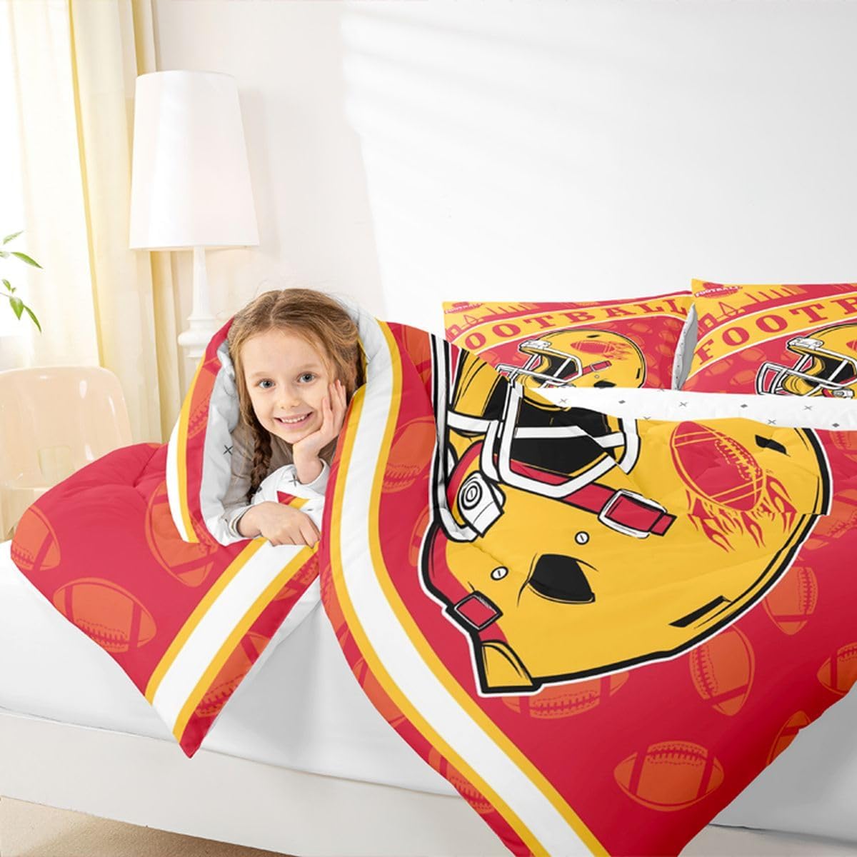 Erosebridal Football City Seasonal Helmet Comforter Sets, Gridiron Style Down Comforter for Kids Teens Boys Sports City Silhouette Illustration Bedding Set Twin for Rugby Sports Fans Gift