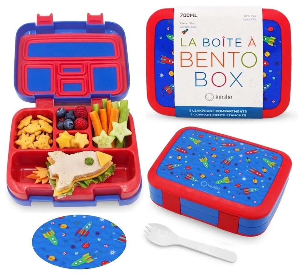 kinsho Bento Lunch Box Container for Small Kids, Boys, (Blue Space Rockets) | 5 Portion Sections, BPA-Free Spill-Proof Leakproof Removable Plastic Tray, Snacks and Lunches for Toddlers Pre-School Daycare