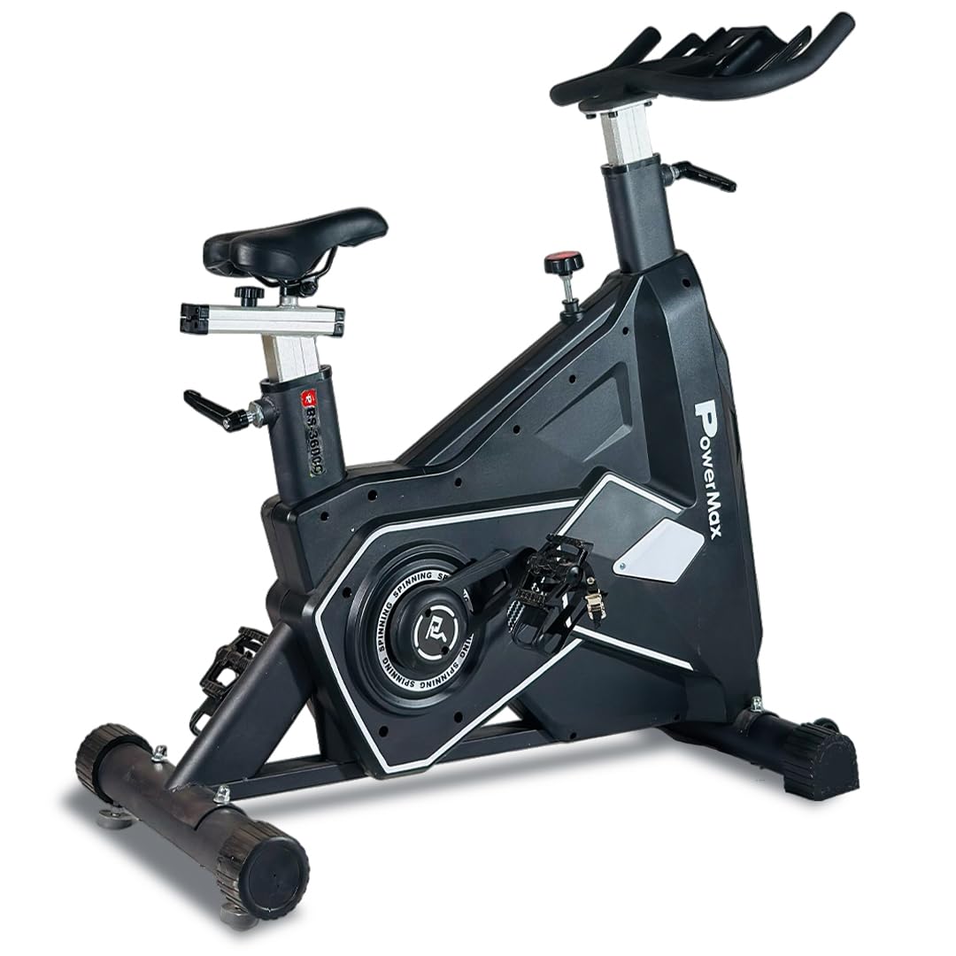PowerMax Fitness BS-3600C Commercial Spin Exercise Bike, 24 Kg fly wheel, Max user 180kg, Belt drive, Manual braking, 2pc Crank, Adjustable pedal and seat, Leather Cushion seat, Stride Length 400mm