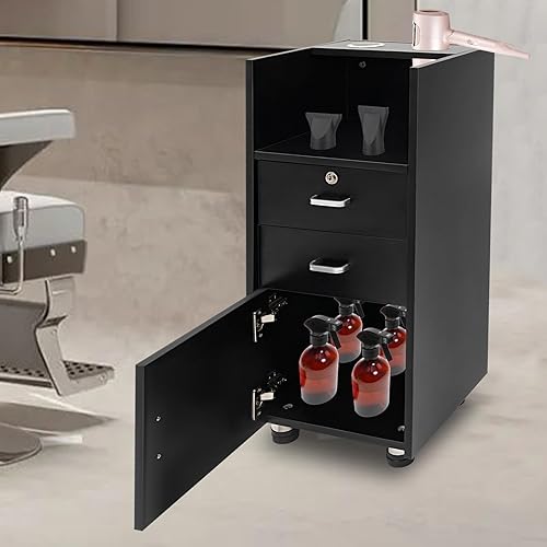 Miniatura 6 de LOHISHILO Gabinete de almacenamiento de 5 capas para estaciones de peluquería con cajón y ruedas, 2 soportes para secador de pelo, para estilista,