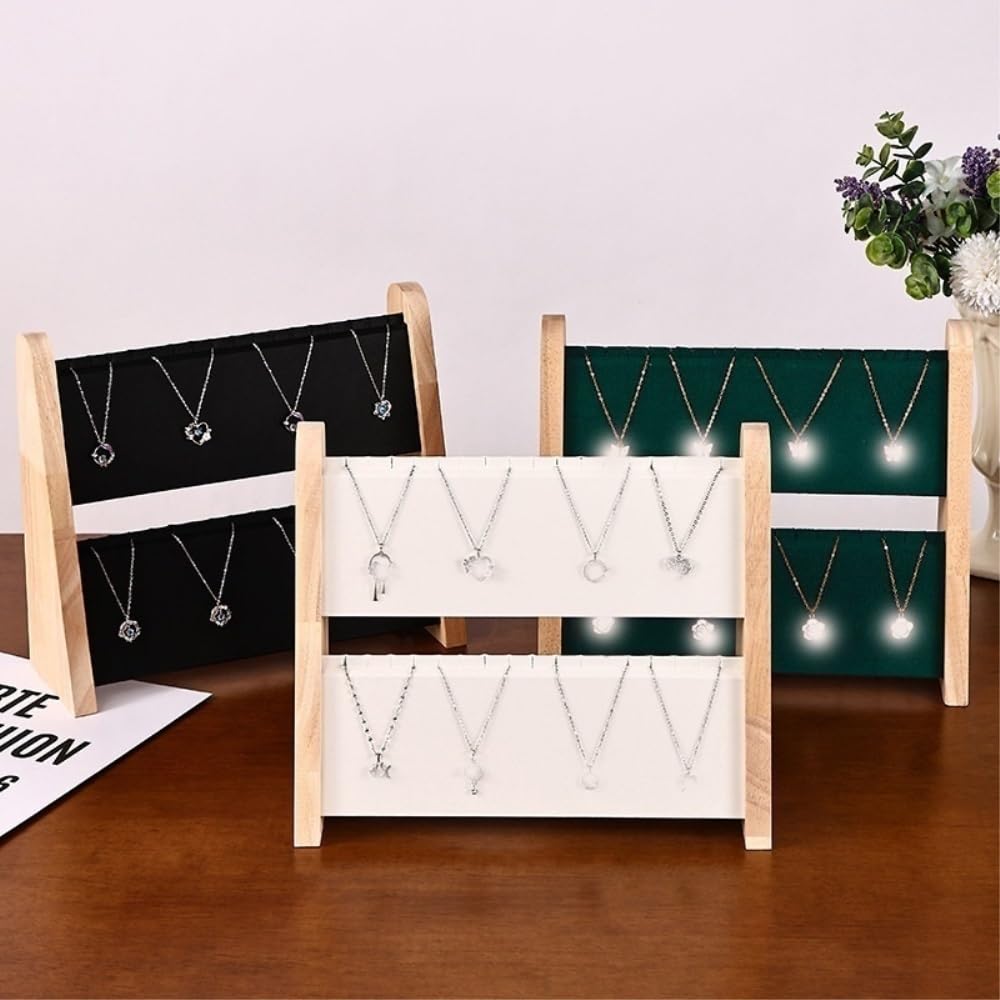 Présentoir de colliers en velours et bois à 2 niveaux, porte-bijoux