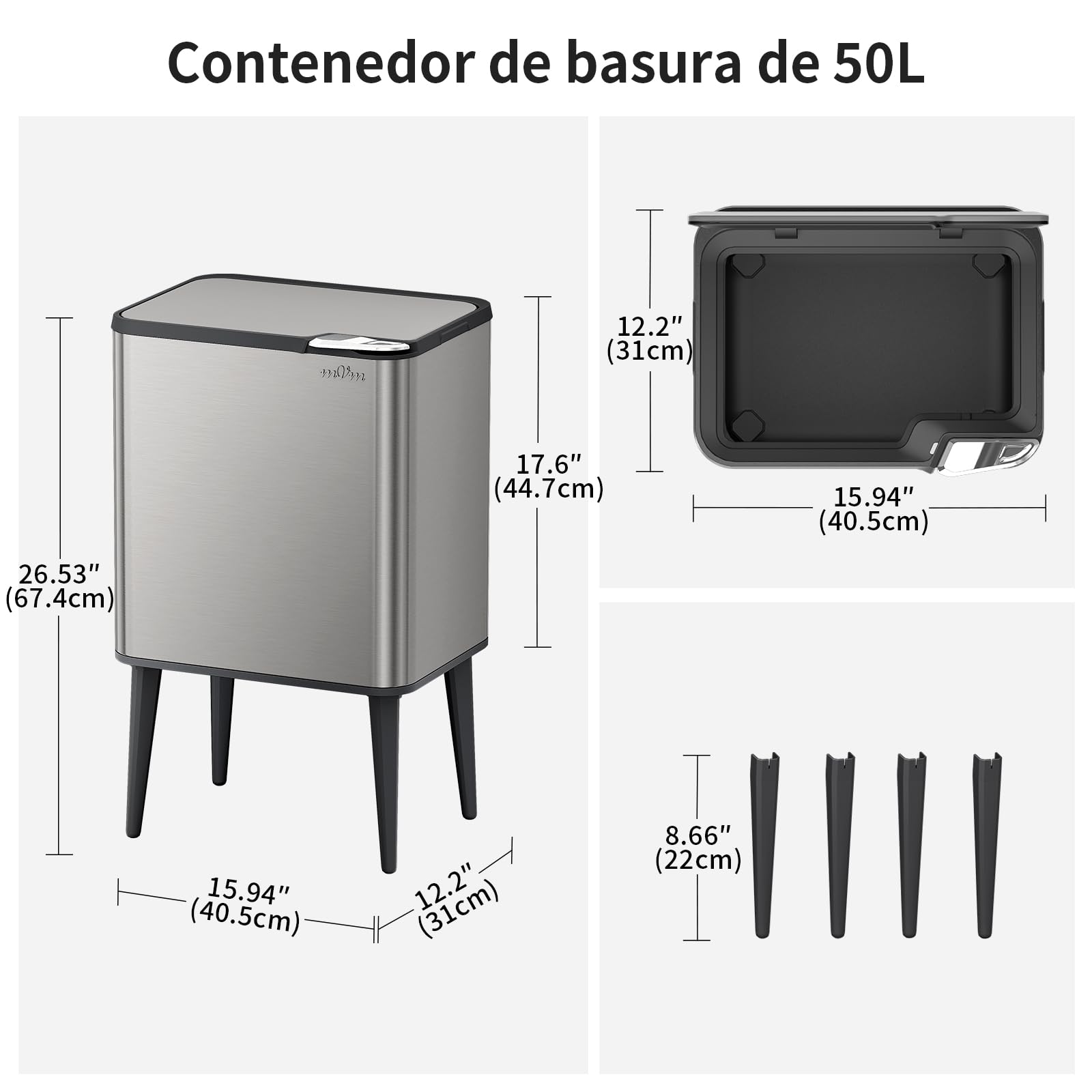 mVm Cubo de Basura con Presión Manual 50L, Acero Inoxidable Antihuellas con Soporte Desmontable, Tapa Amortiguada y Cubo Interior Extraíble