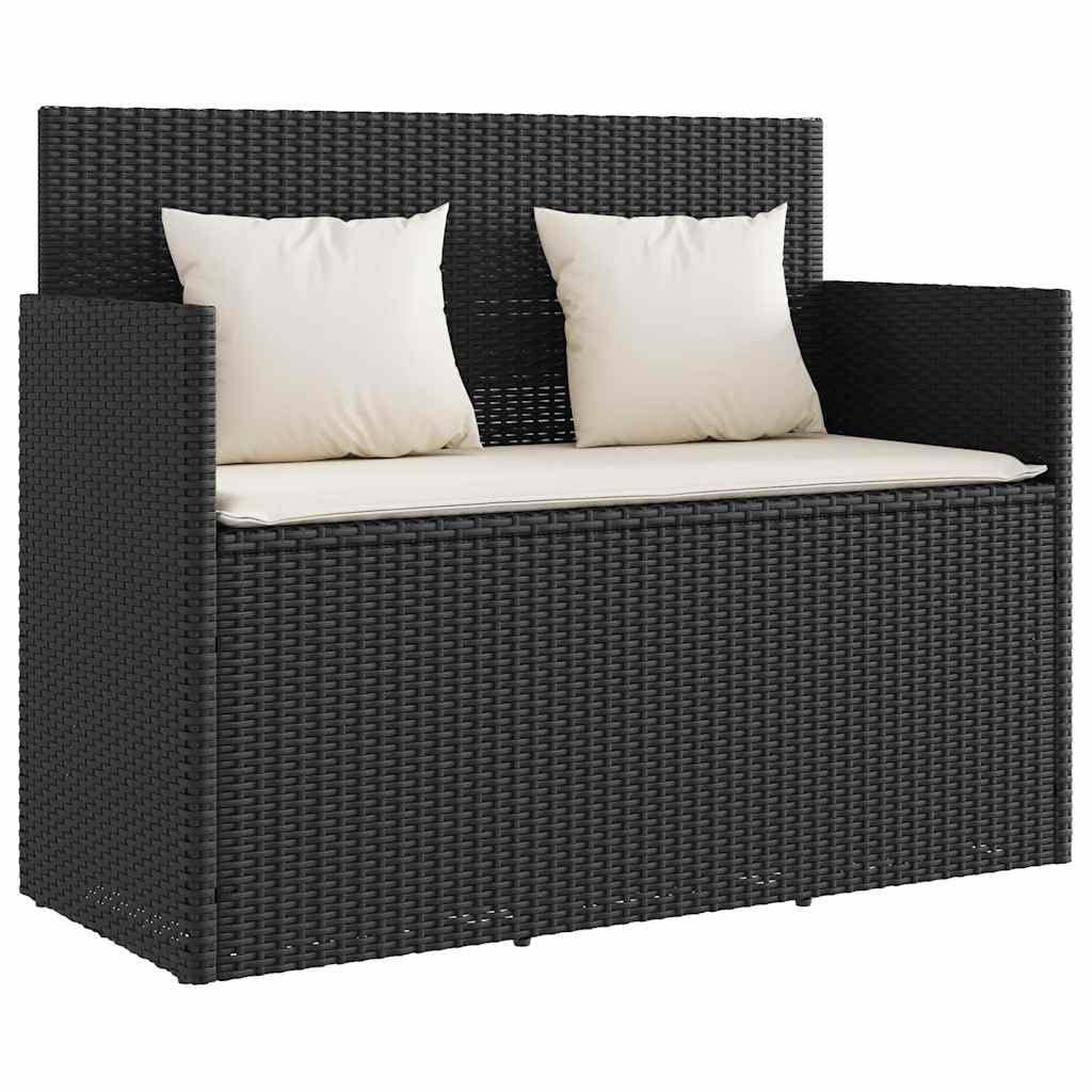Banco de jardín de polirratán de 120 cm con arcón y cojín de exterior negro